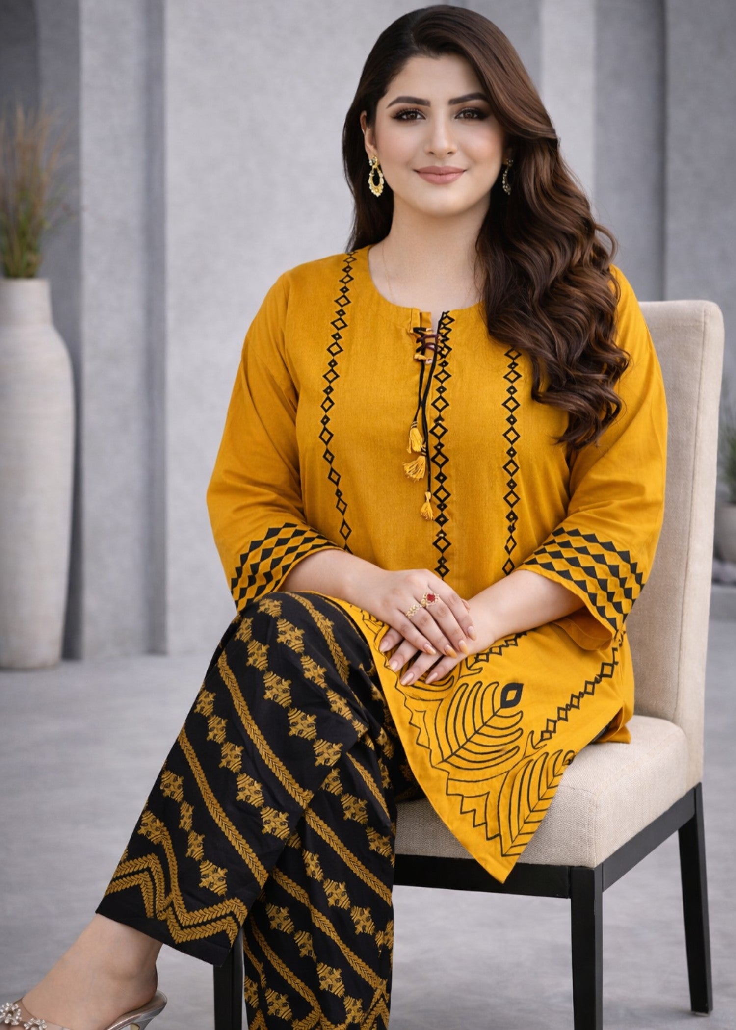 linen Kurta Set in Black, mustard