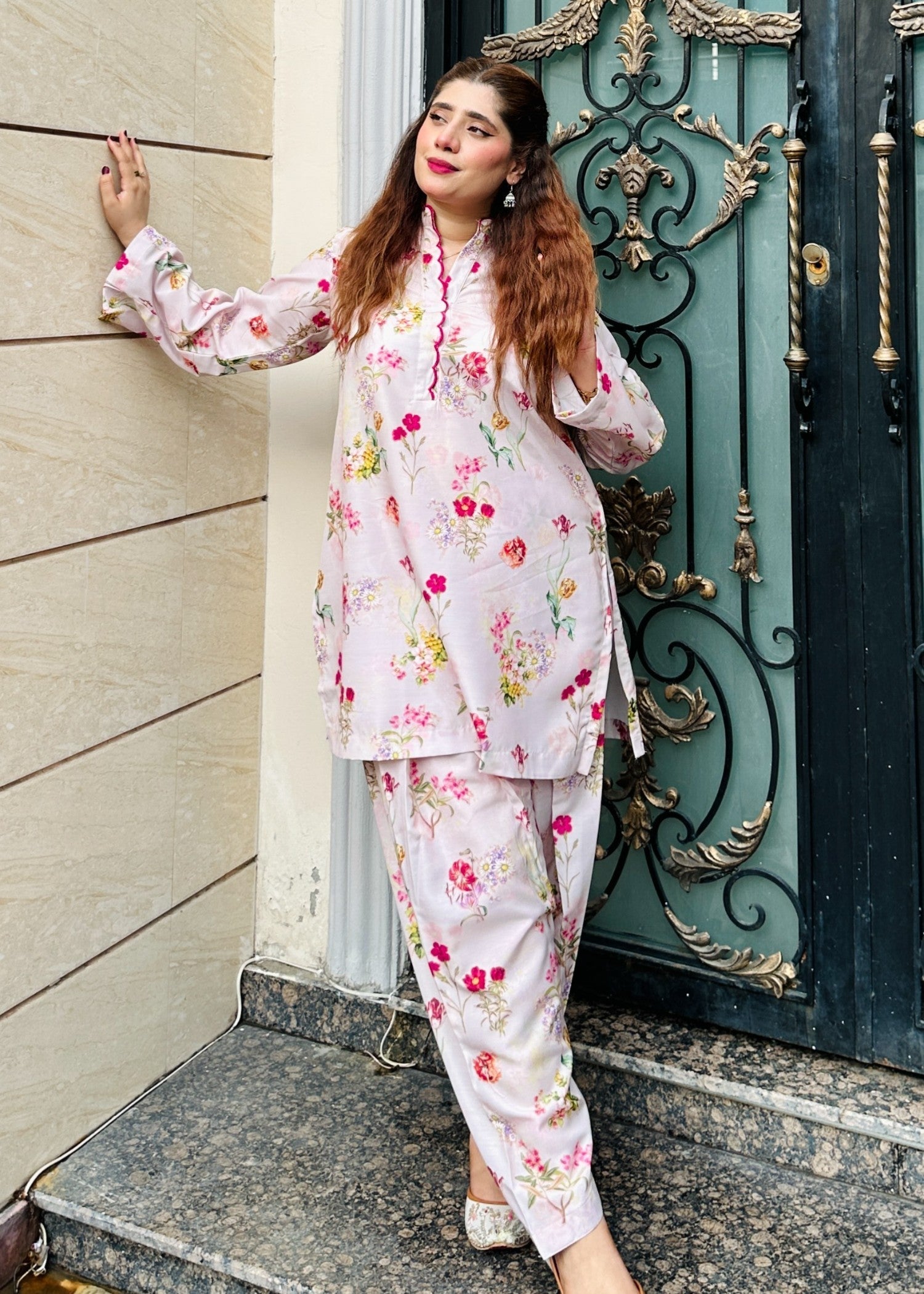 silk finish lawn Co Ord Sets in Beige