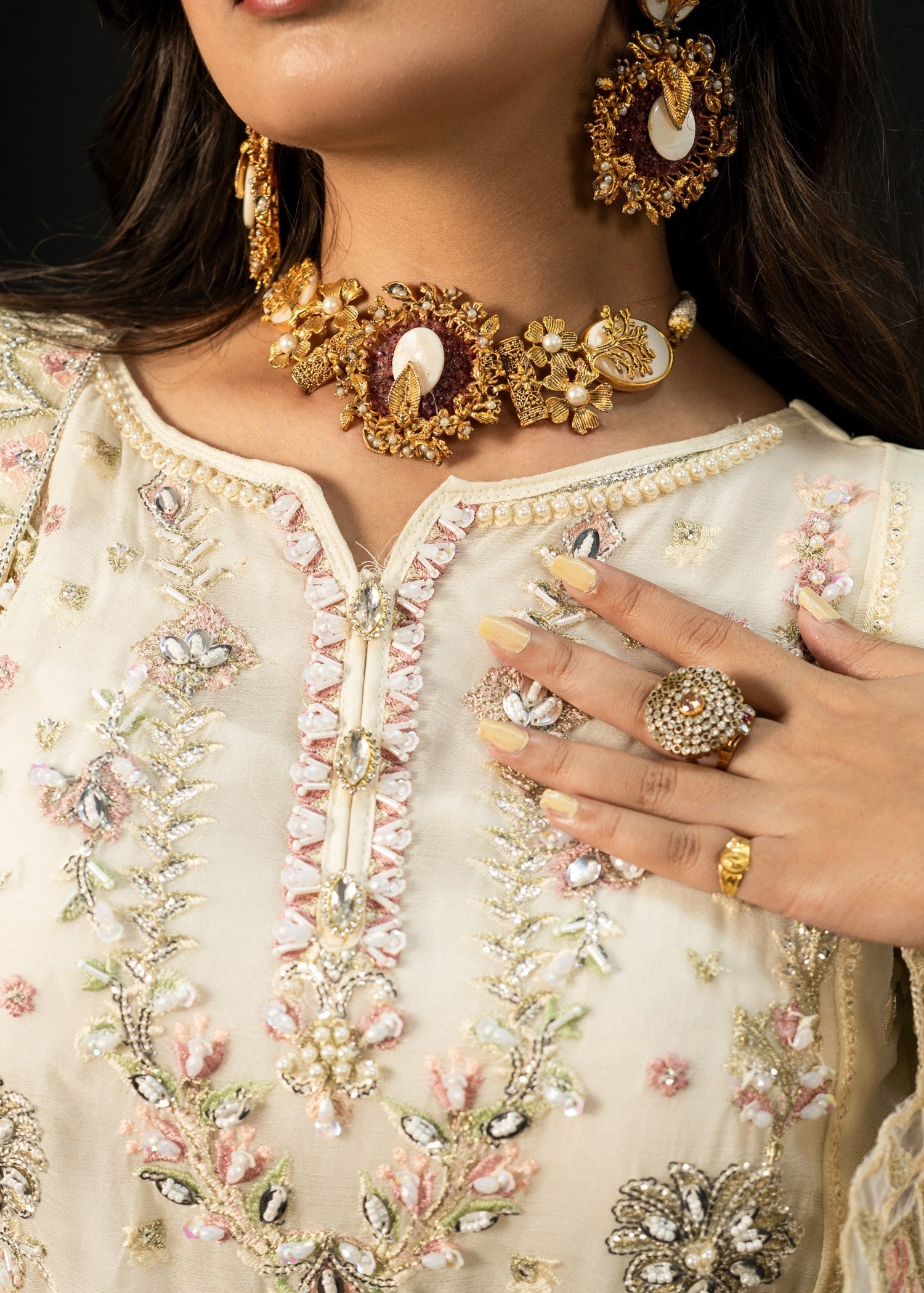 crinkle chiffon Kurta Set in Ivory