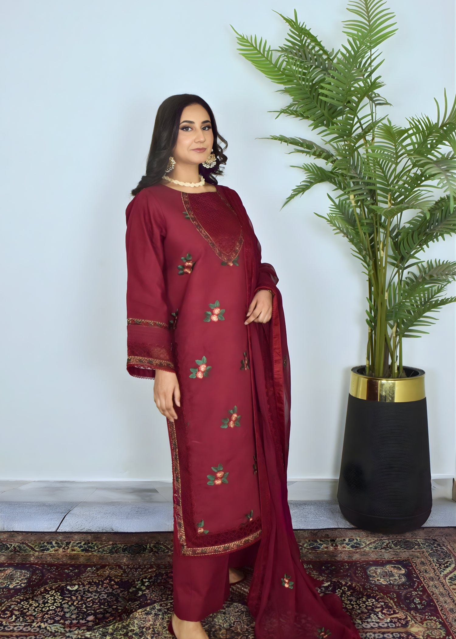 lawn cotton Kurta Set in Maroon