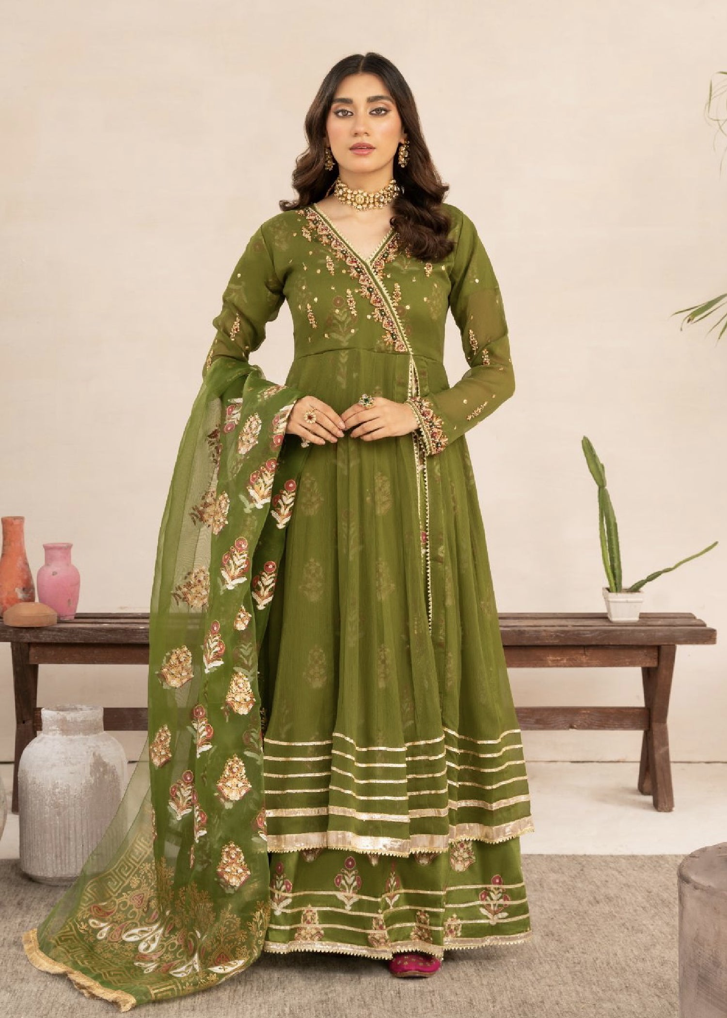 chiffon Angrakha in Olive green