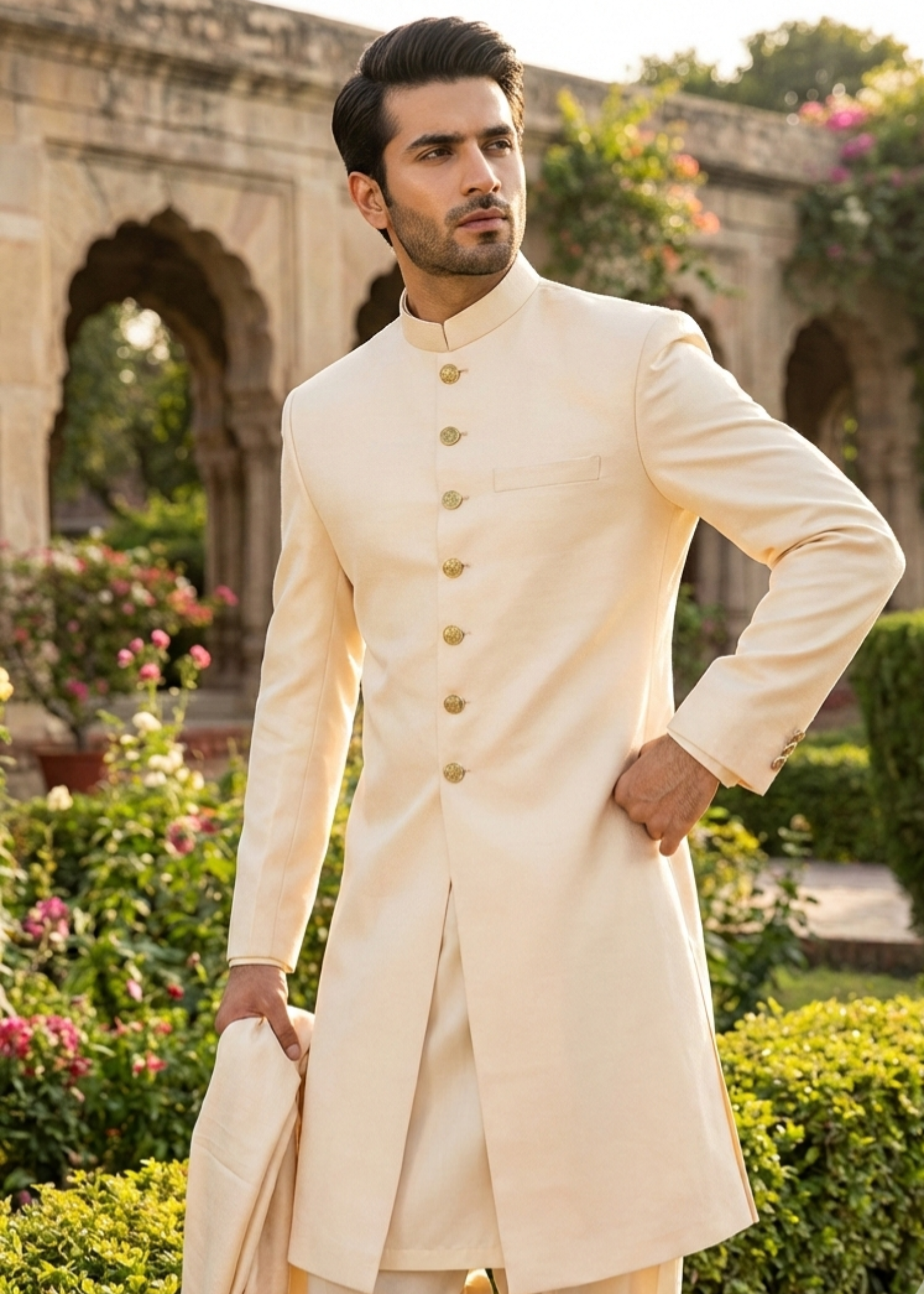 jamawar Sherwani in Wheat, gold