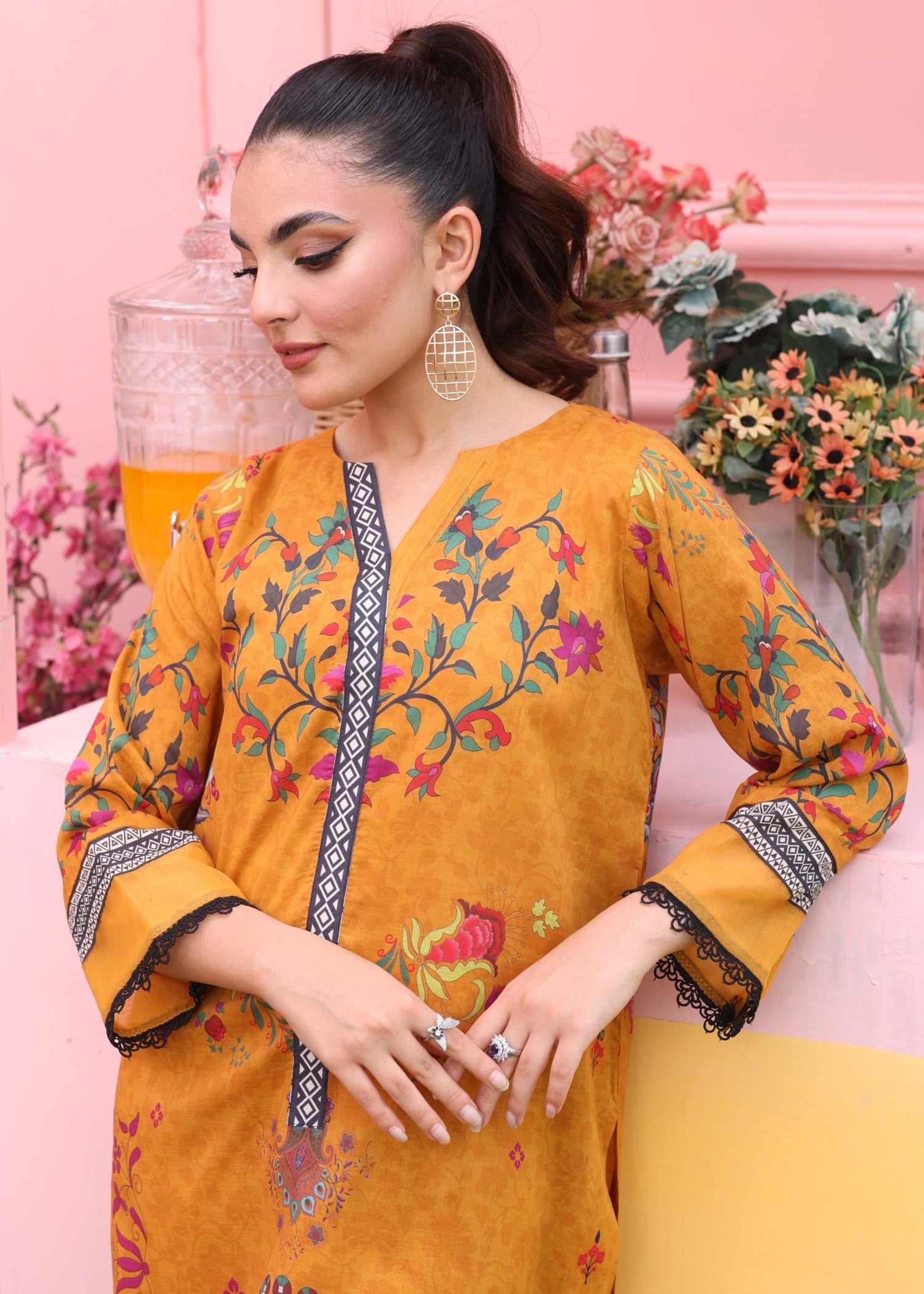 silk finish lawn Kurta Set in Mustard