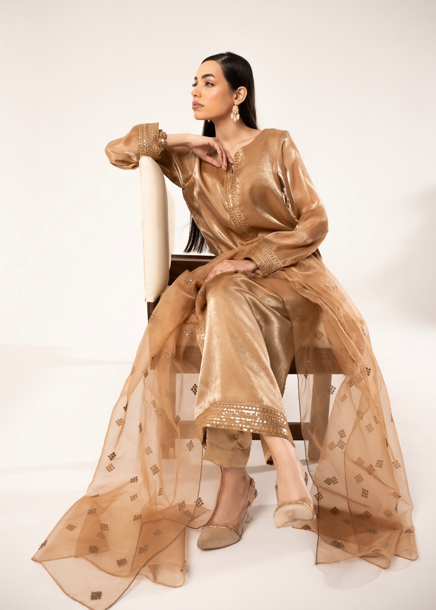 silk tissue Kurta Set in Gold