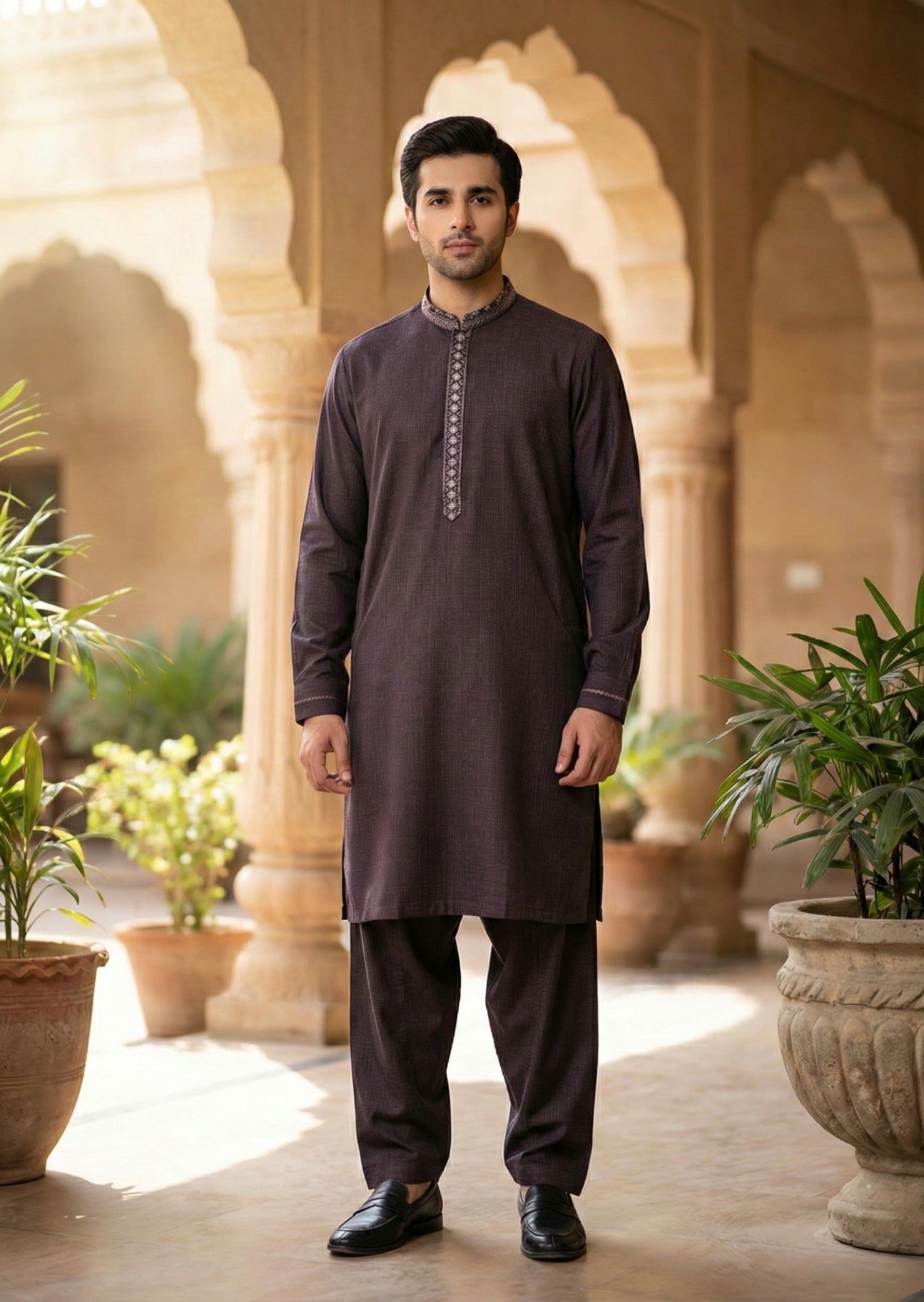textured wash & wear Shalwar Kameez in Brown
