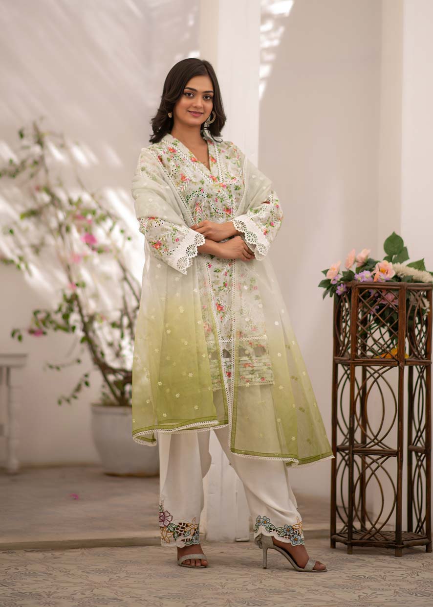 chikankari cotton Kurta Set in Sage green