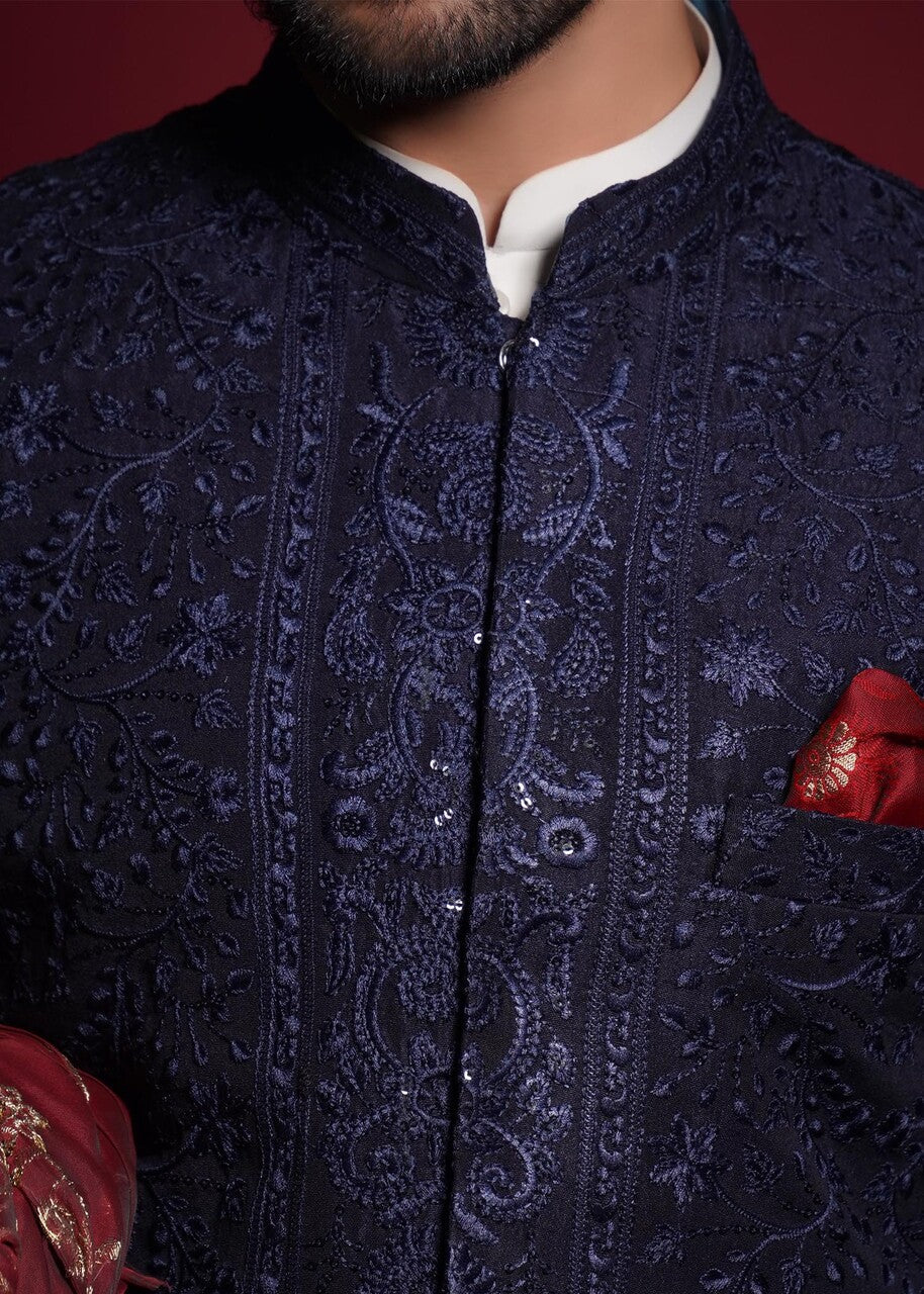 raw silk Sherwani in Navy blue