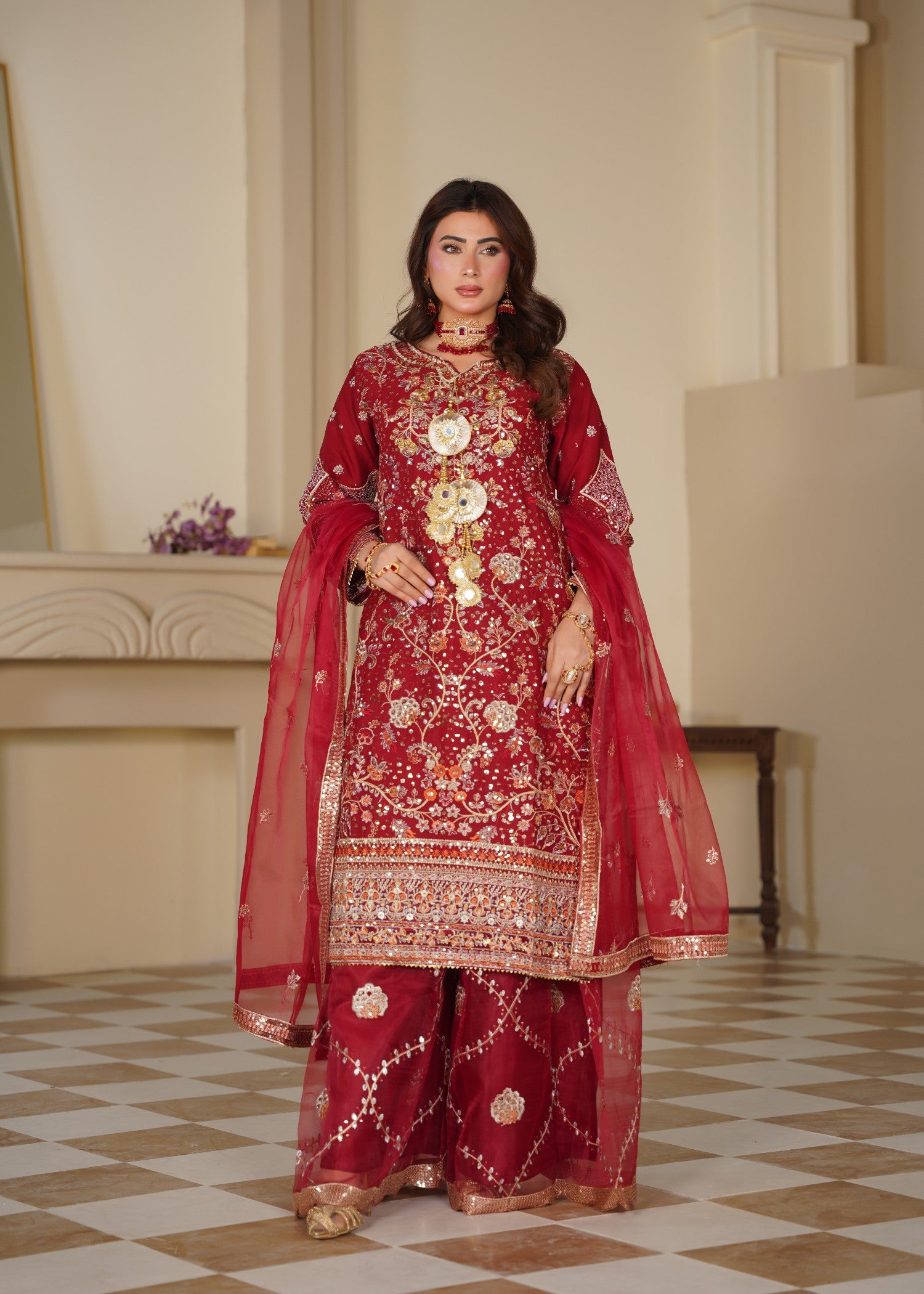 chiffon Sharara in Gold, rose red