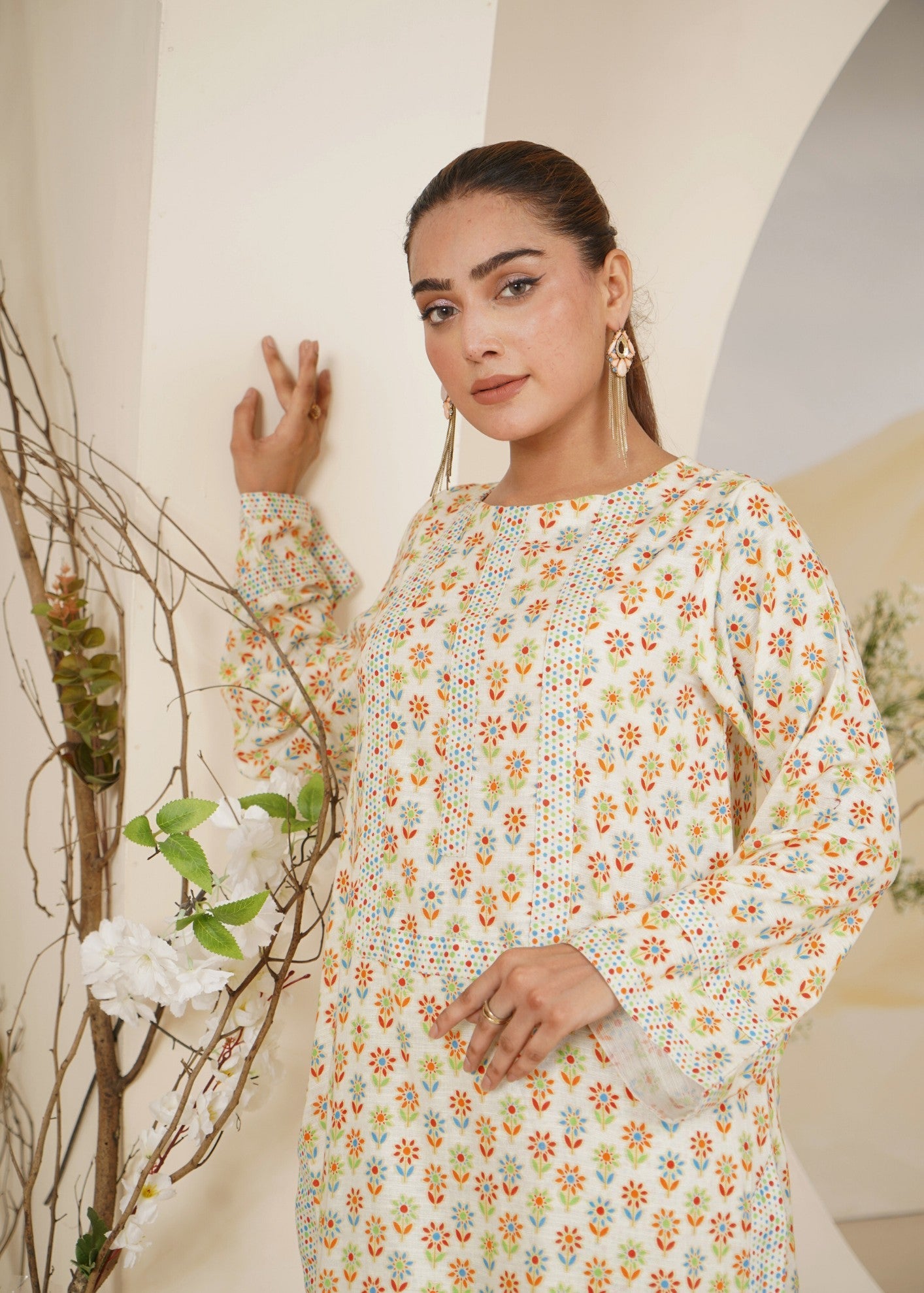 slub khaddar Kurta Set in Cream