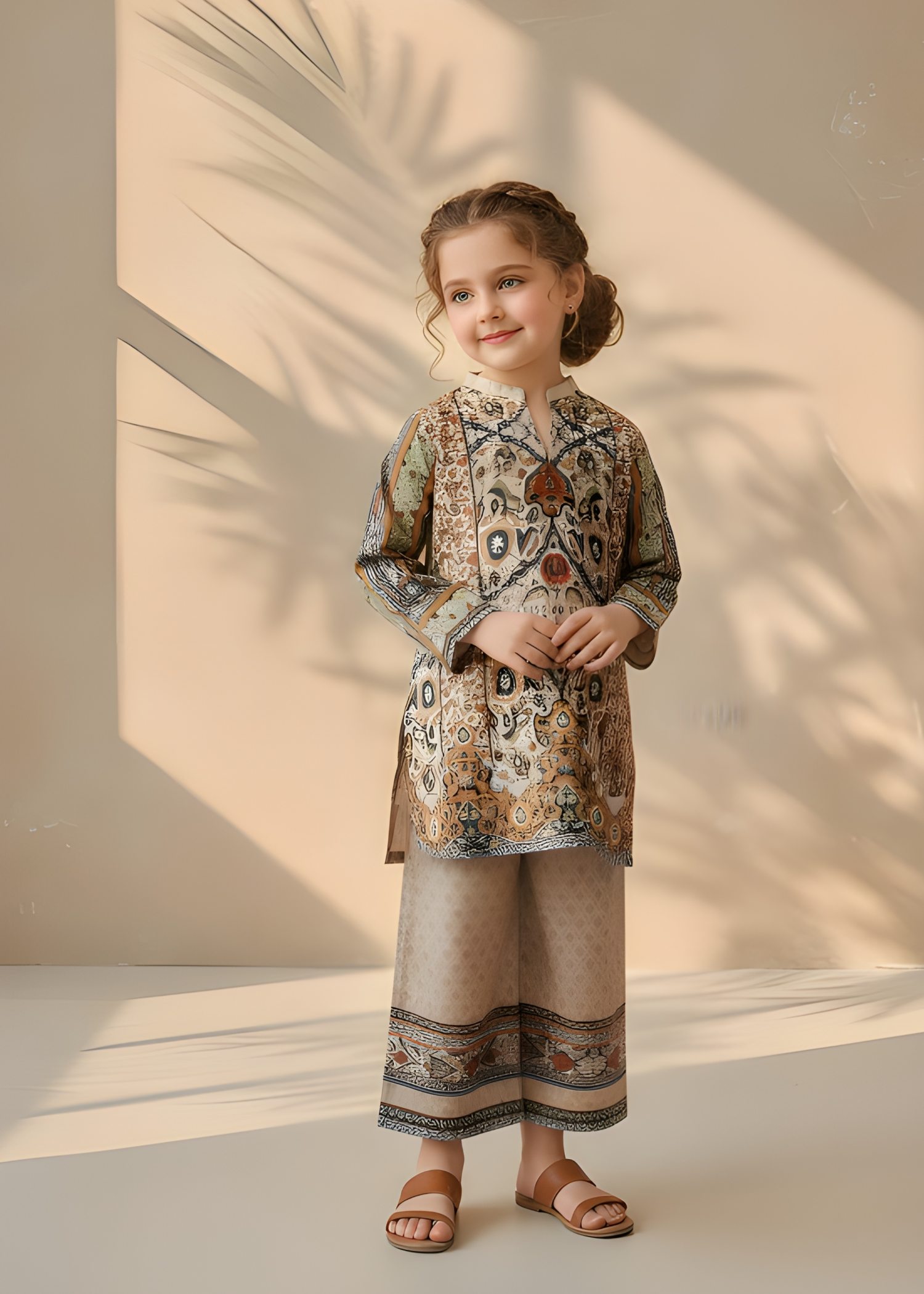polyester crepe Kurta Set in Brown