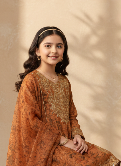lawn Pishwas in Rustic brown