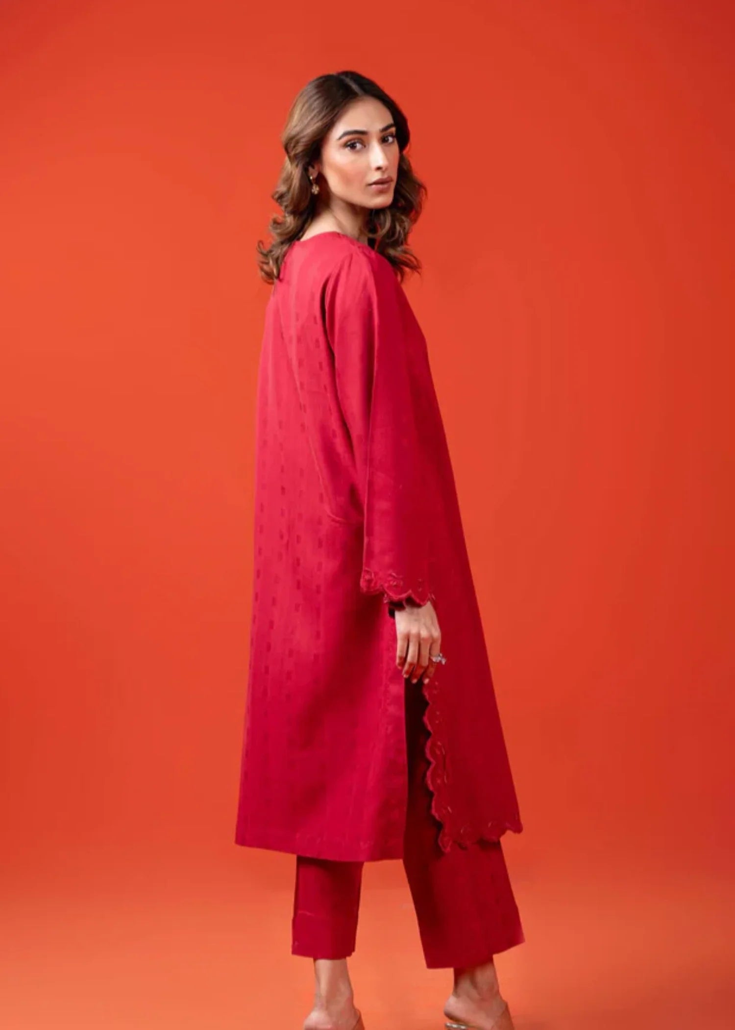 dobby Kurta Set in Red