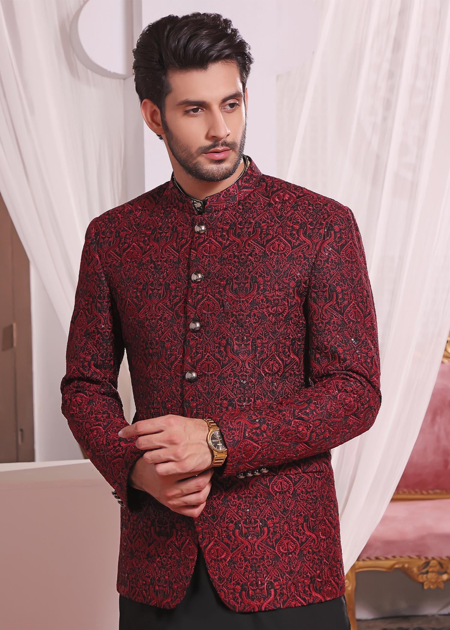 banarsi silk Prince Coat in Maroon