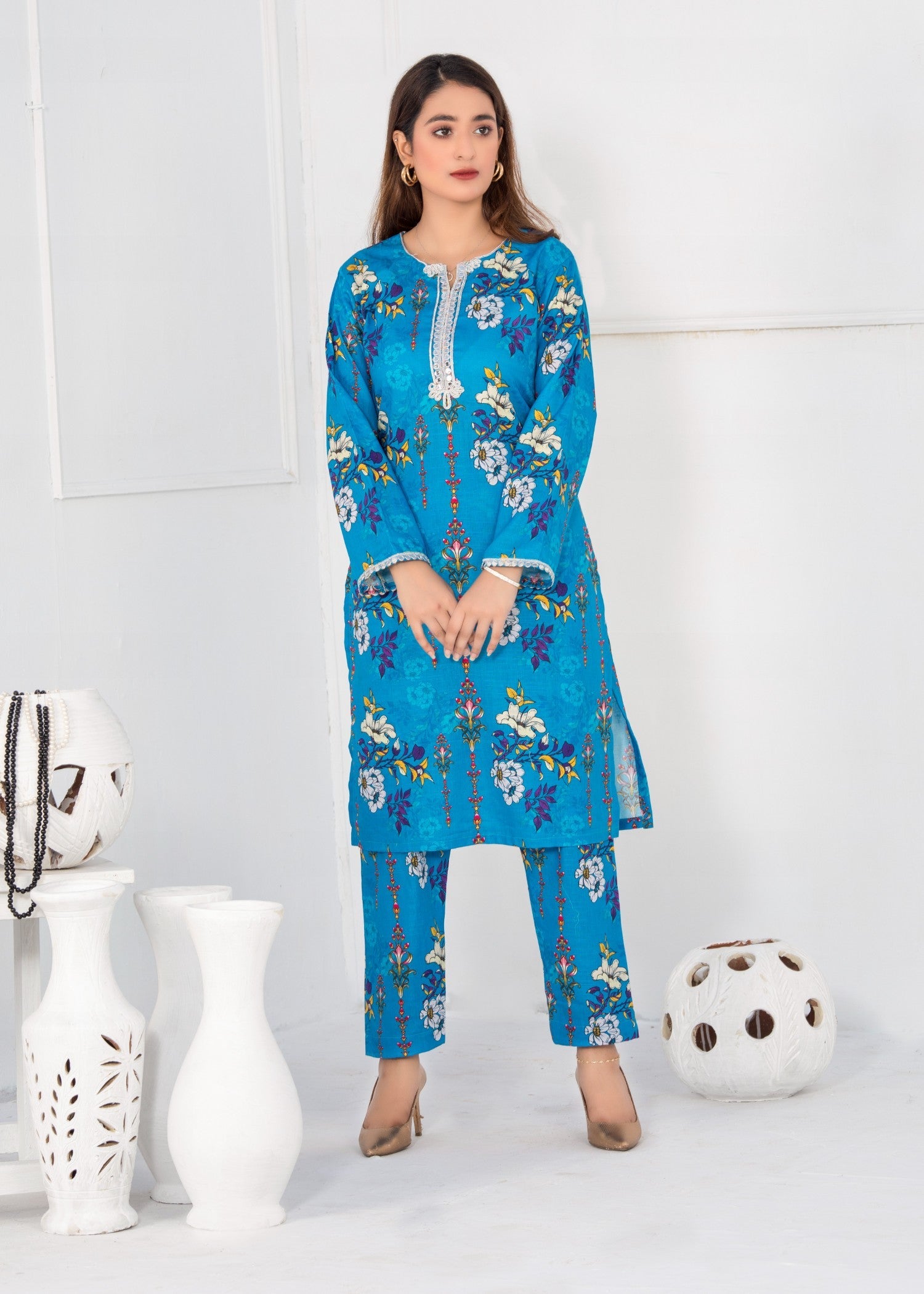 slub khaddar Unstitched in Sky blue