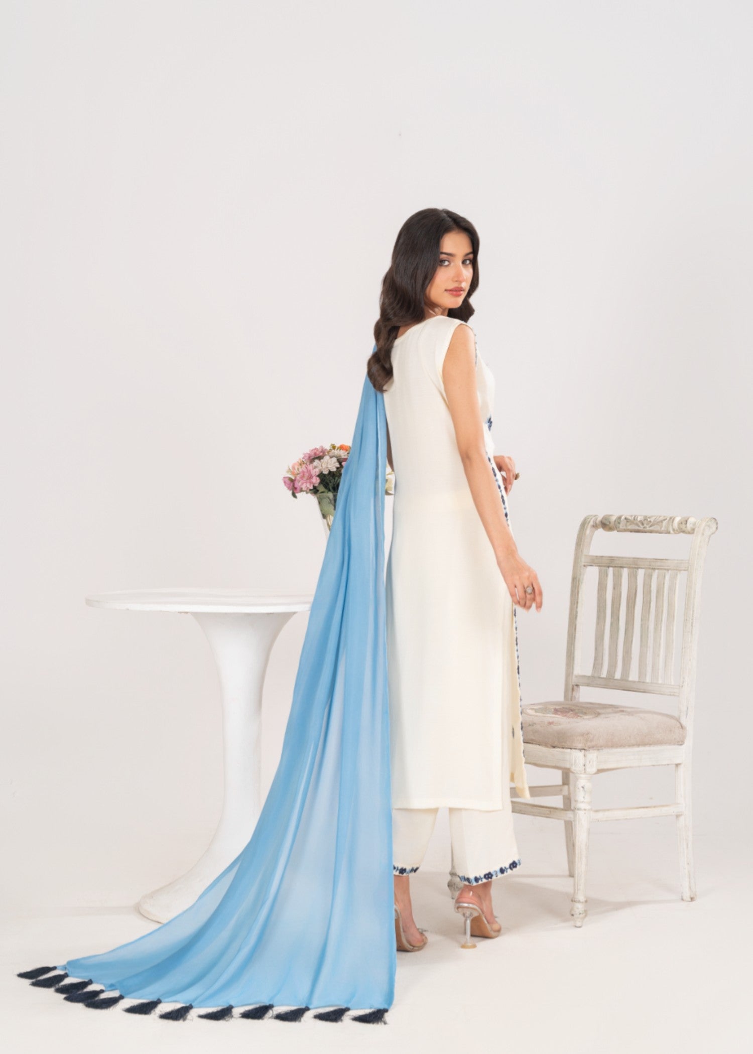 silk finish lawn Kurta Set in Ivory