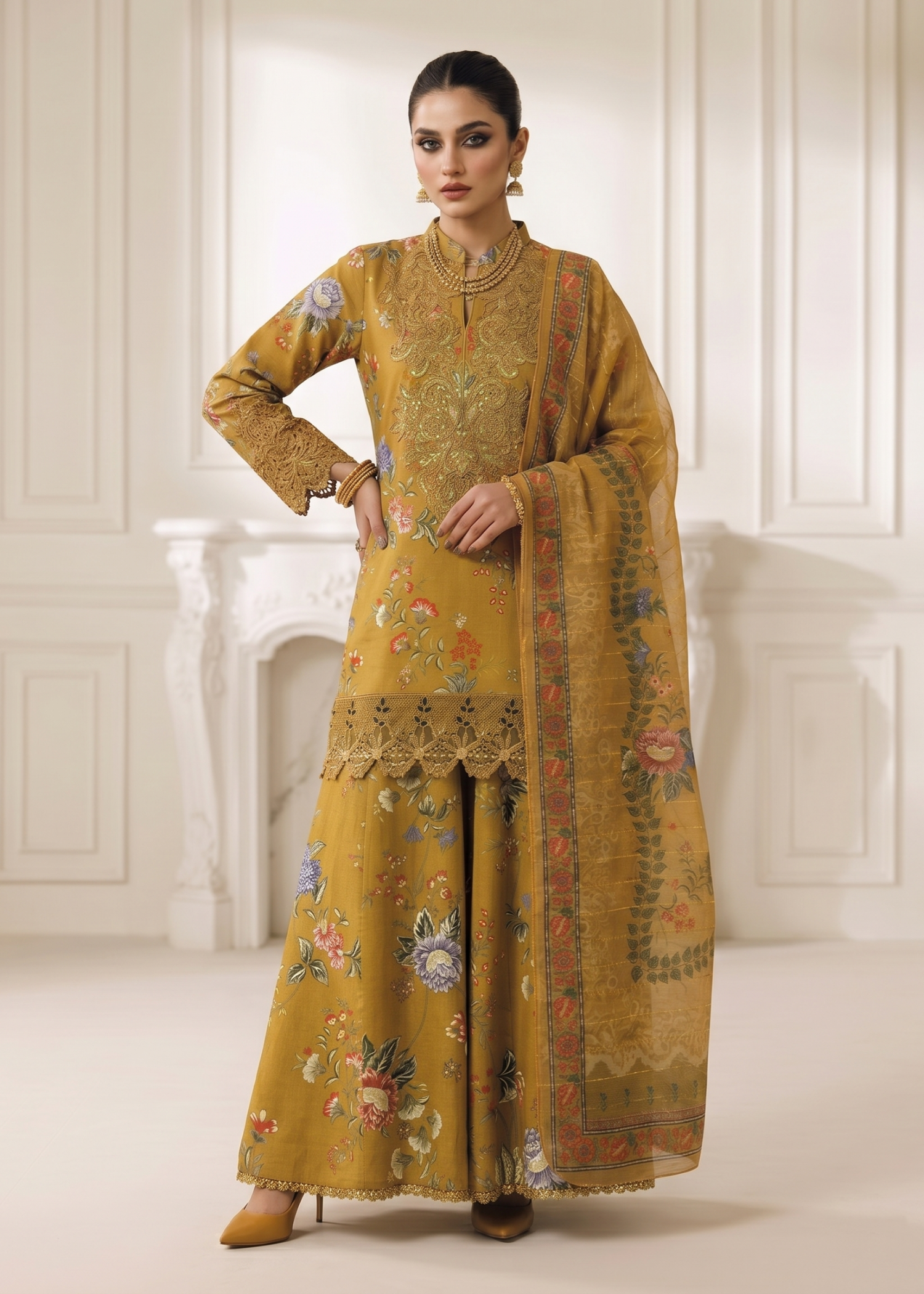 lawn Sharara in Mustard