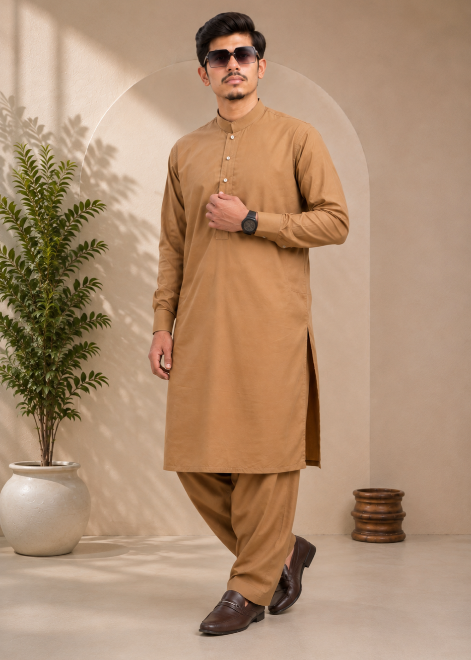 wash & wear Shalwar Kameez in Caramel brown