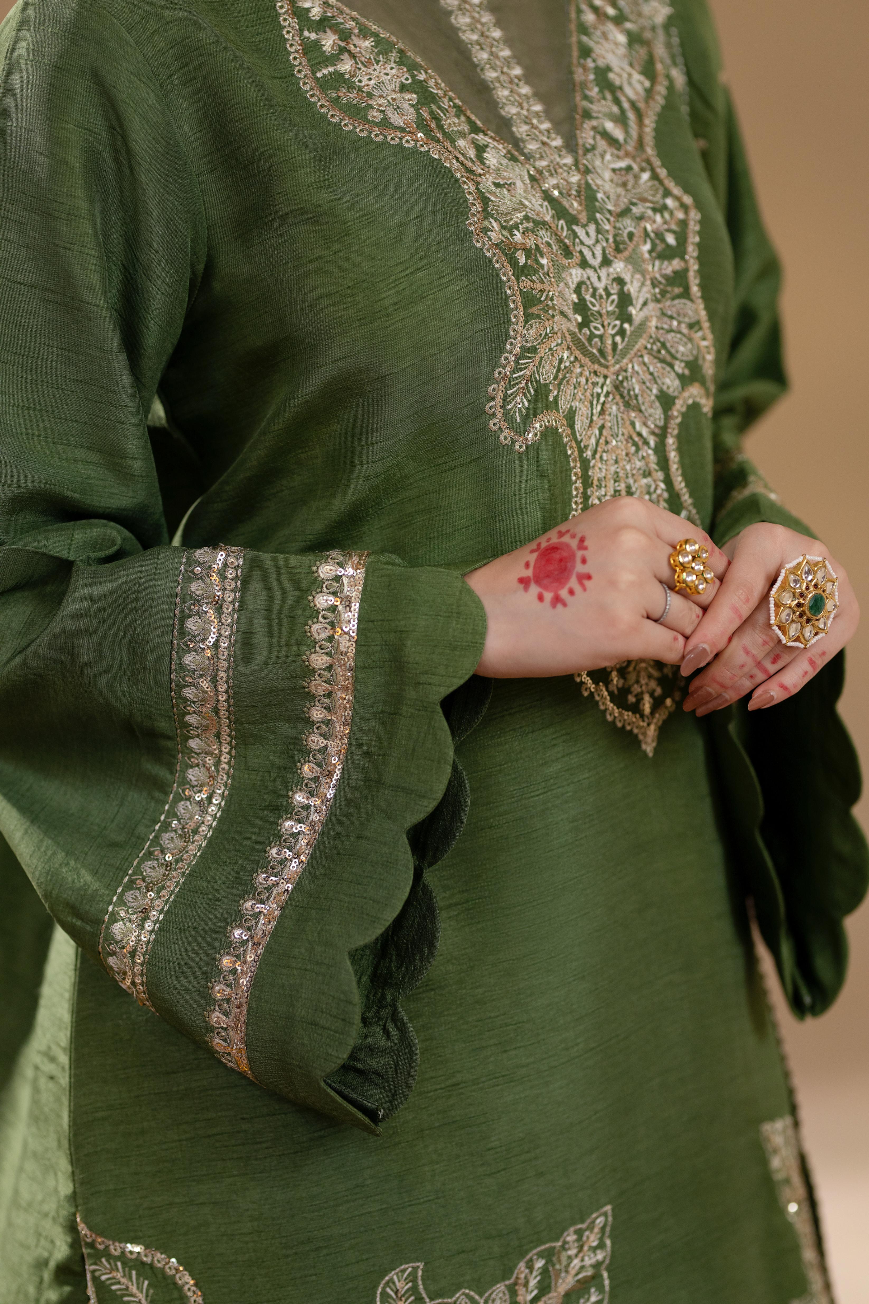 korean raw silk Kurta Set in Olive green