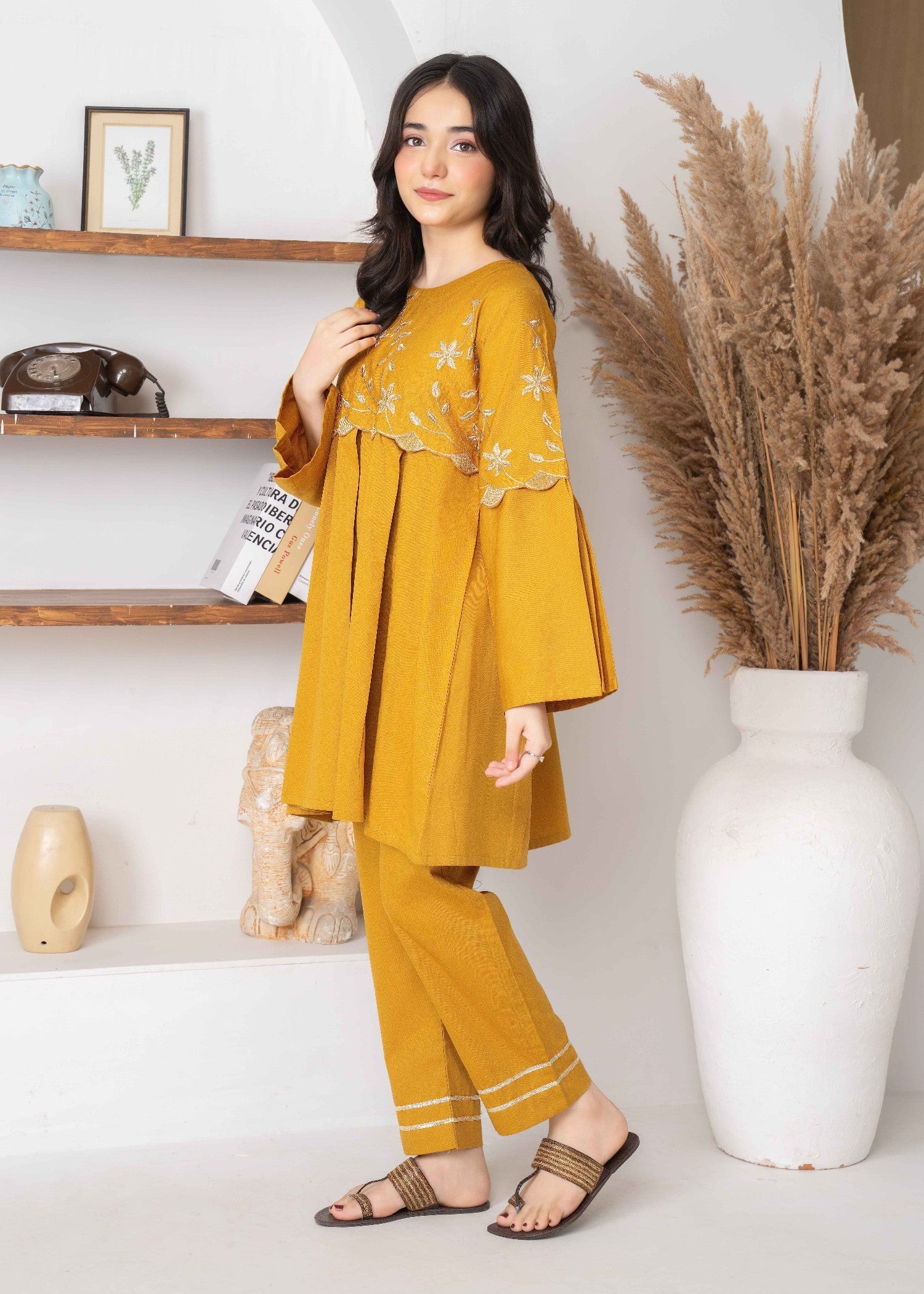 twill khaddar Short Frock in Autumn gold