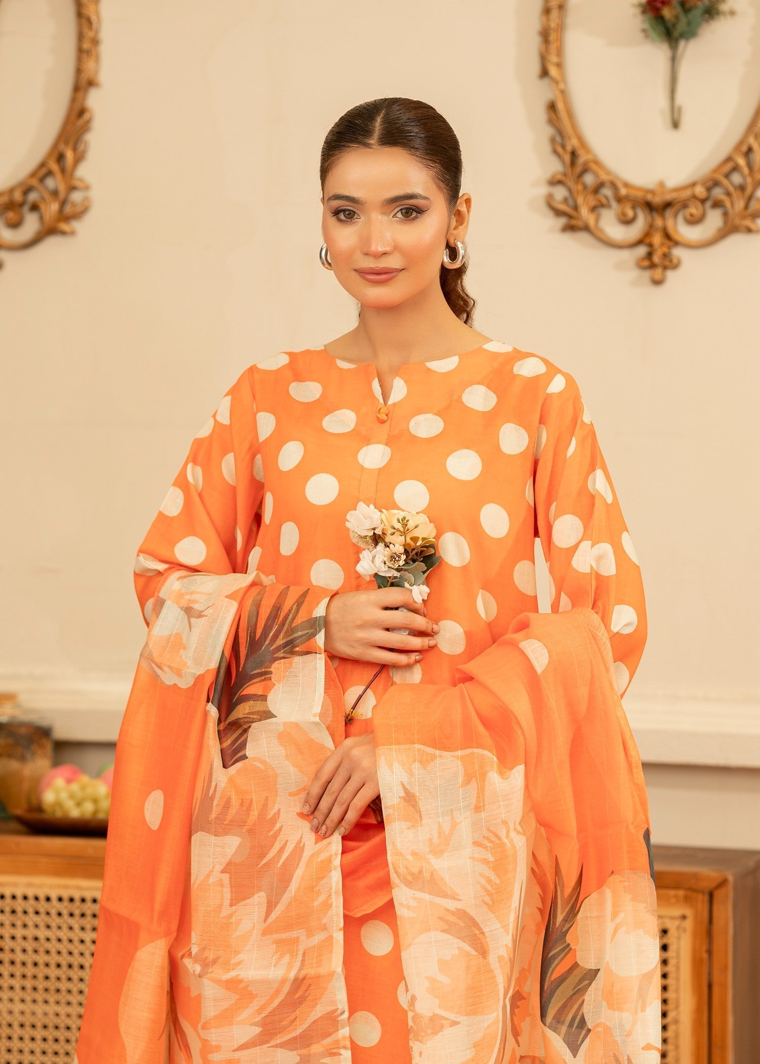 poly lawn Kurta Set in Orange