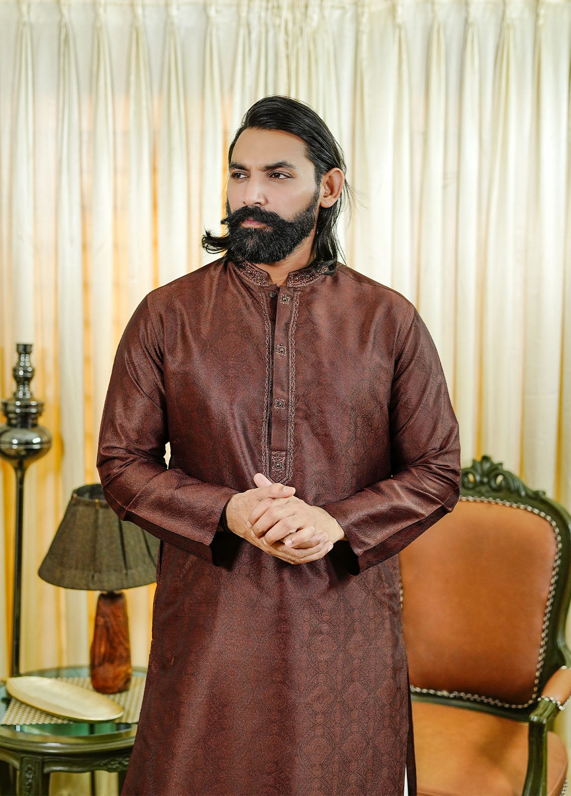 traditional jamawar Kurta in Brown