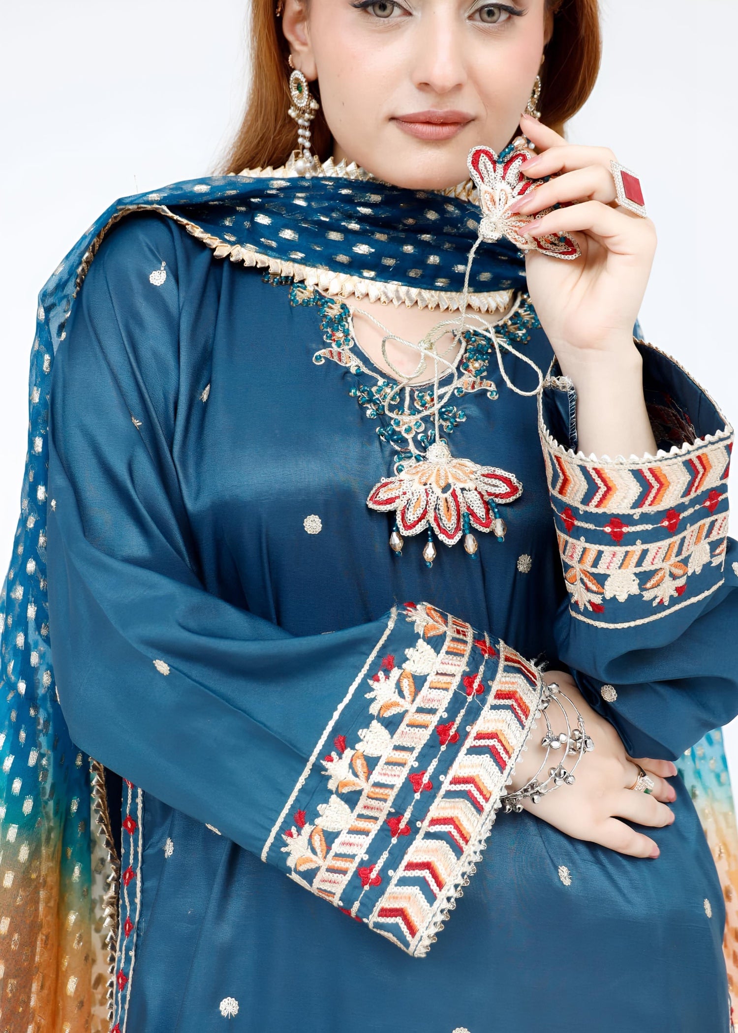 raw silk Kurta Set in Orange, teal, bondi blue