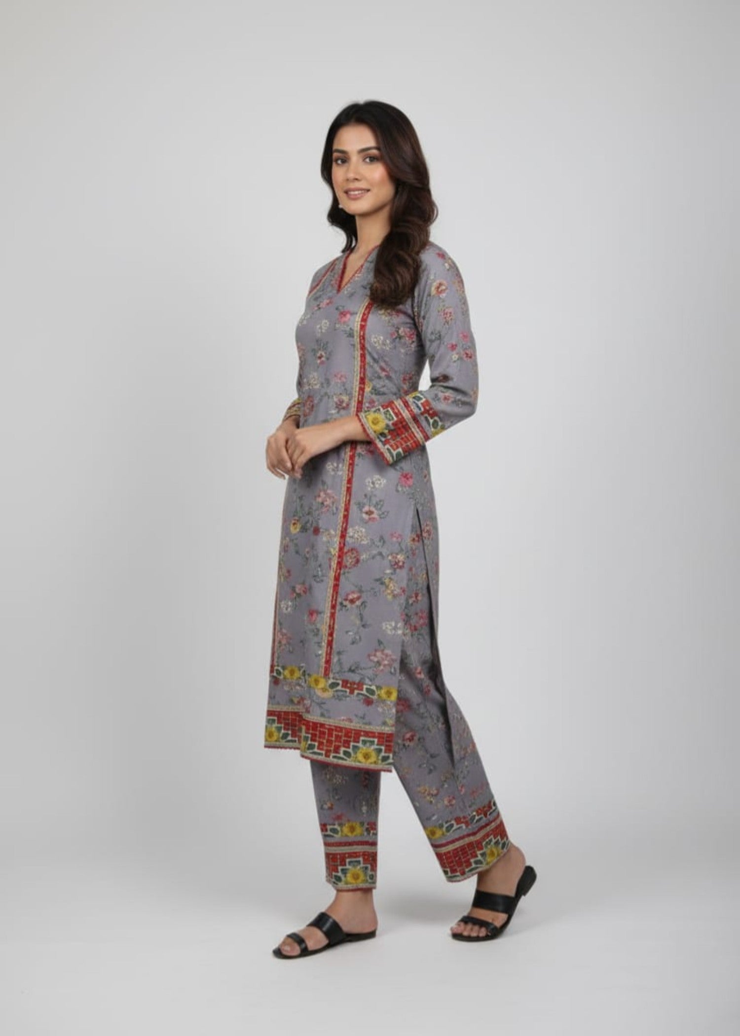 poly lawn Kurta Set in Steal grey