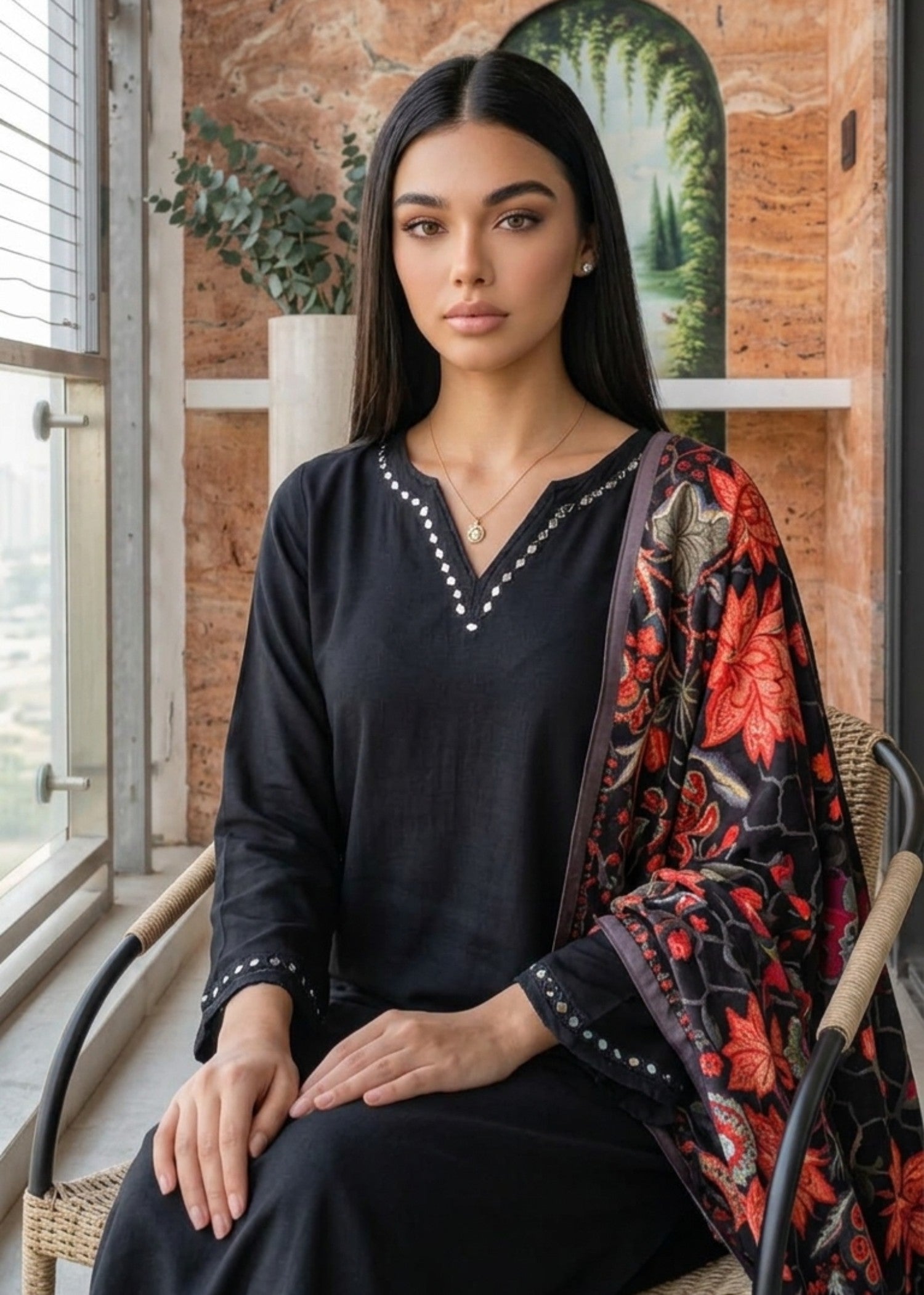 dhanak Kurta Set in Charcoal black