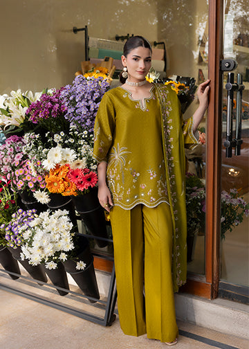 textured lawn Kurta Set in Olive green