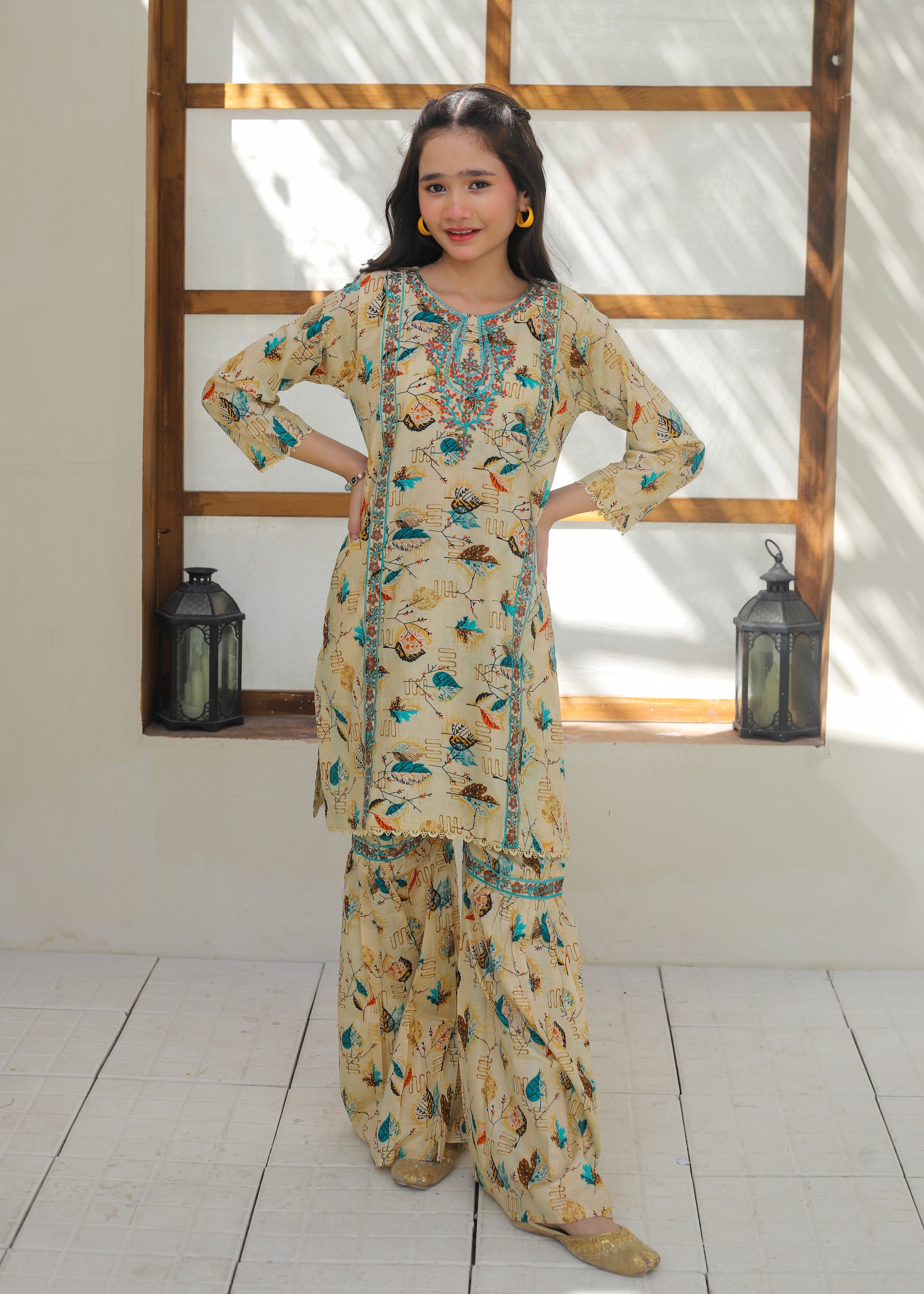 lawn Gharara in Beige