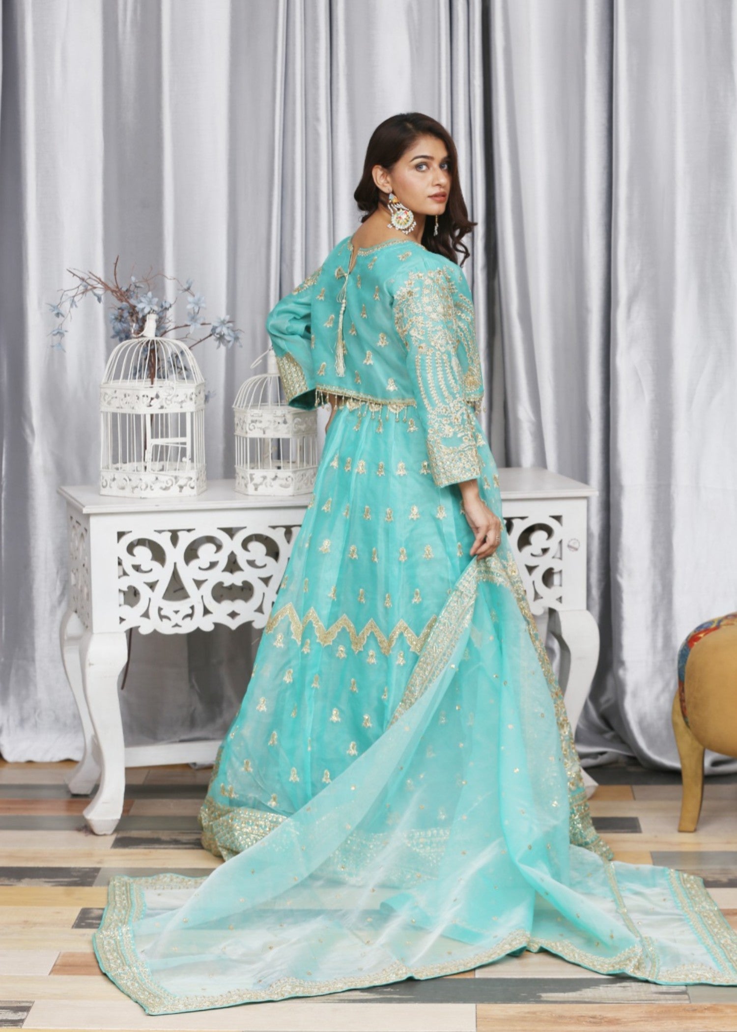 organza Lehenga in Aquamarine
