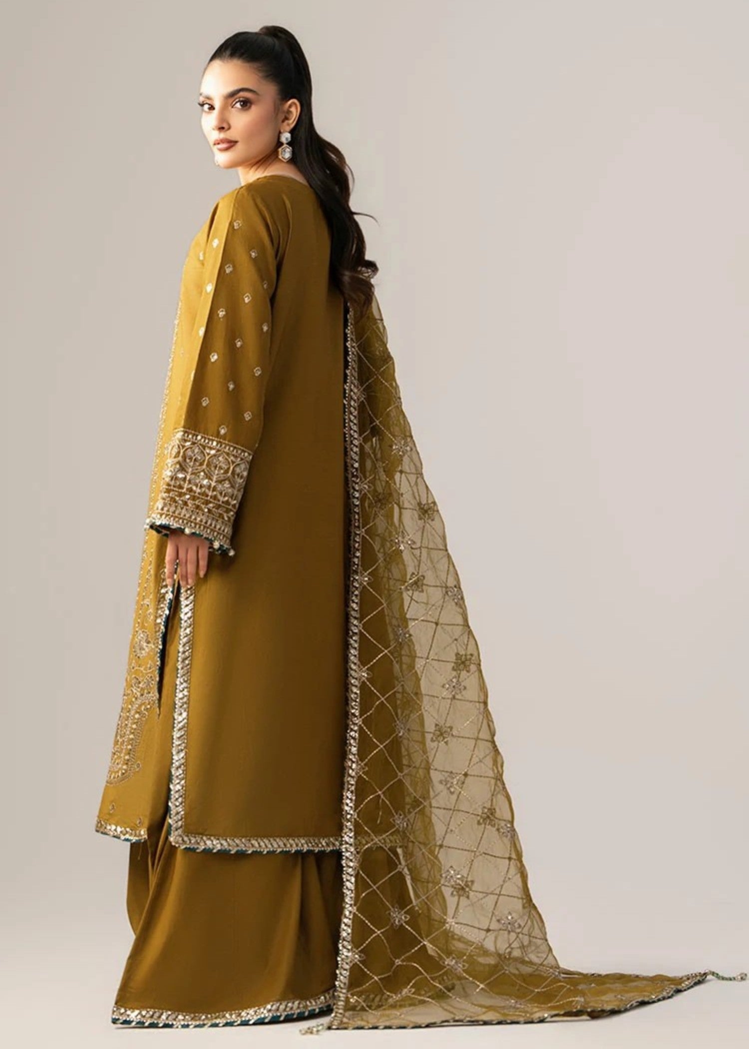 blended satin Kurta Set in Olive green, yellow green