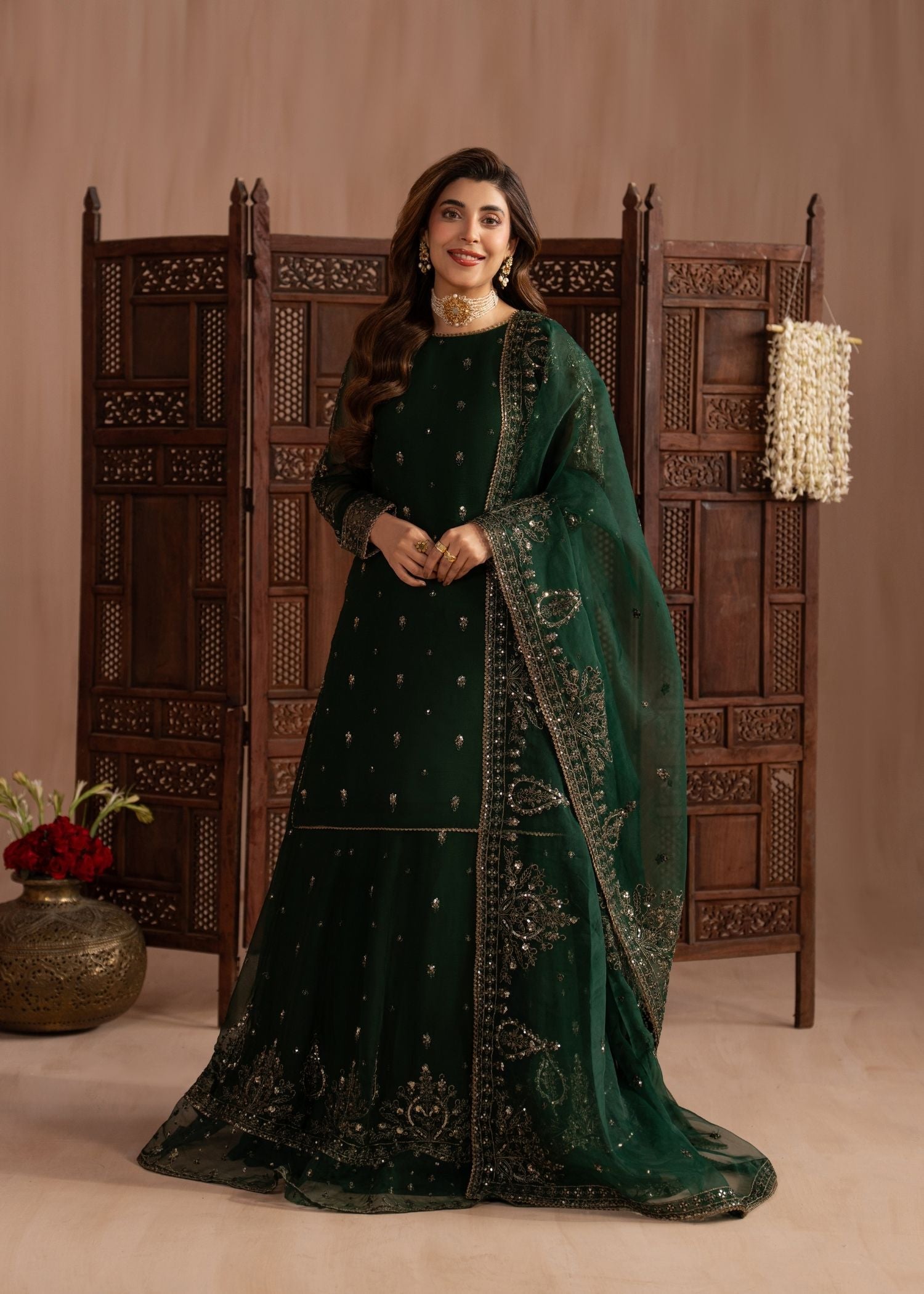 chiffon Lehenga in Bottle green
