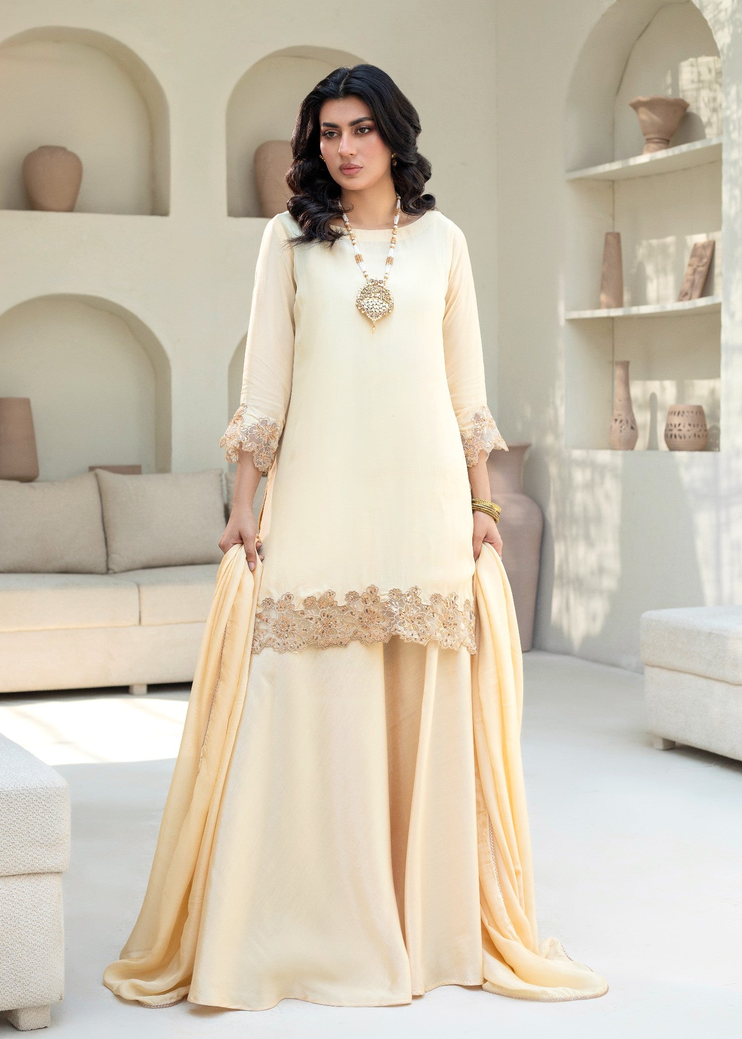 silk Lehenga in Cream