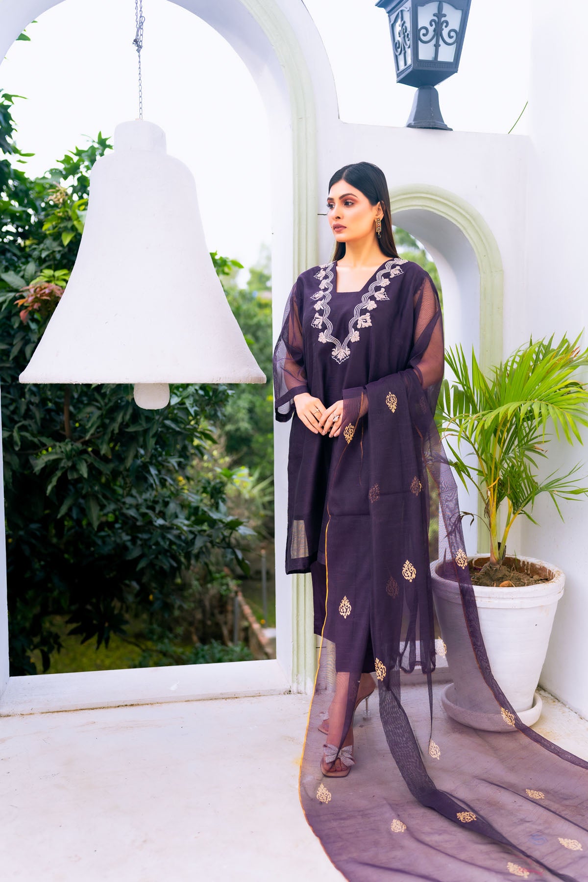 silk cotton net Kurta Set in Purple
