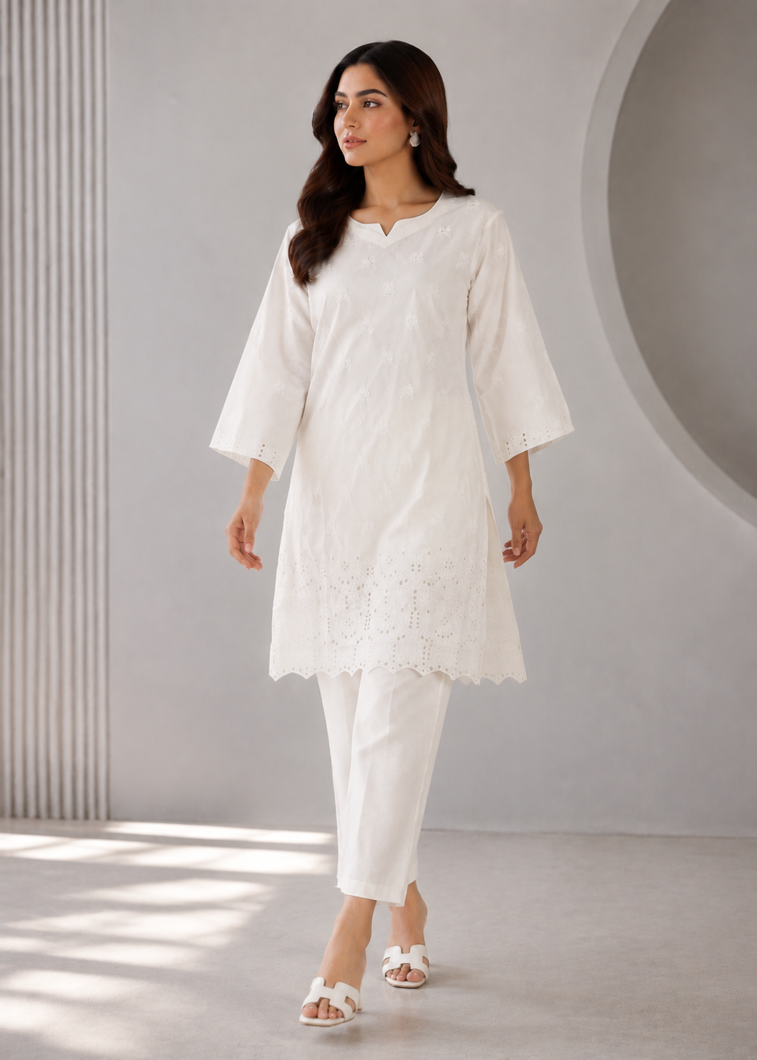 chikankari cotton Kurta Set in White