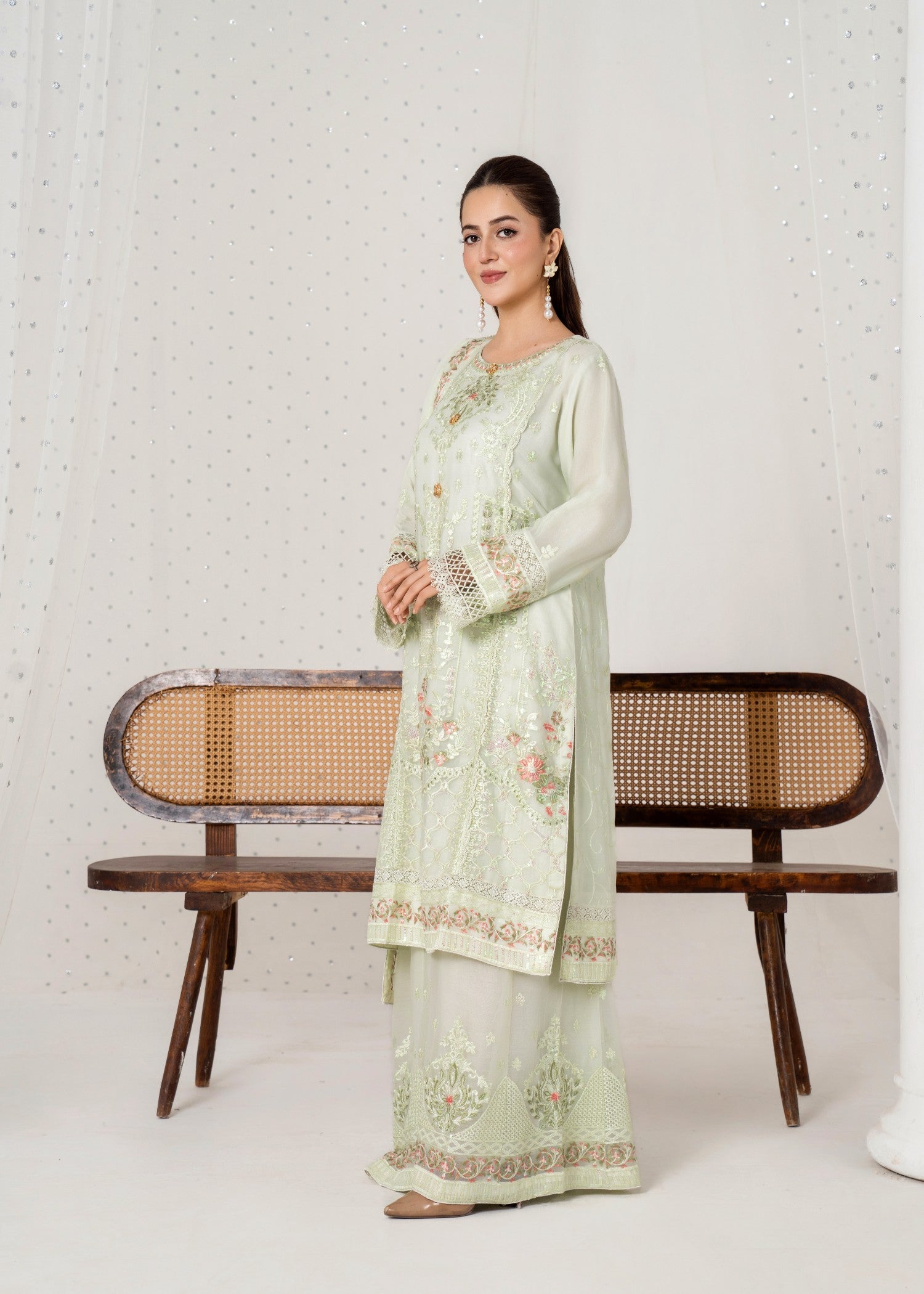 pk crinkle chiffon Kurta Set in Pistachio green