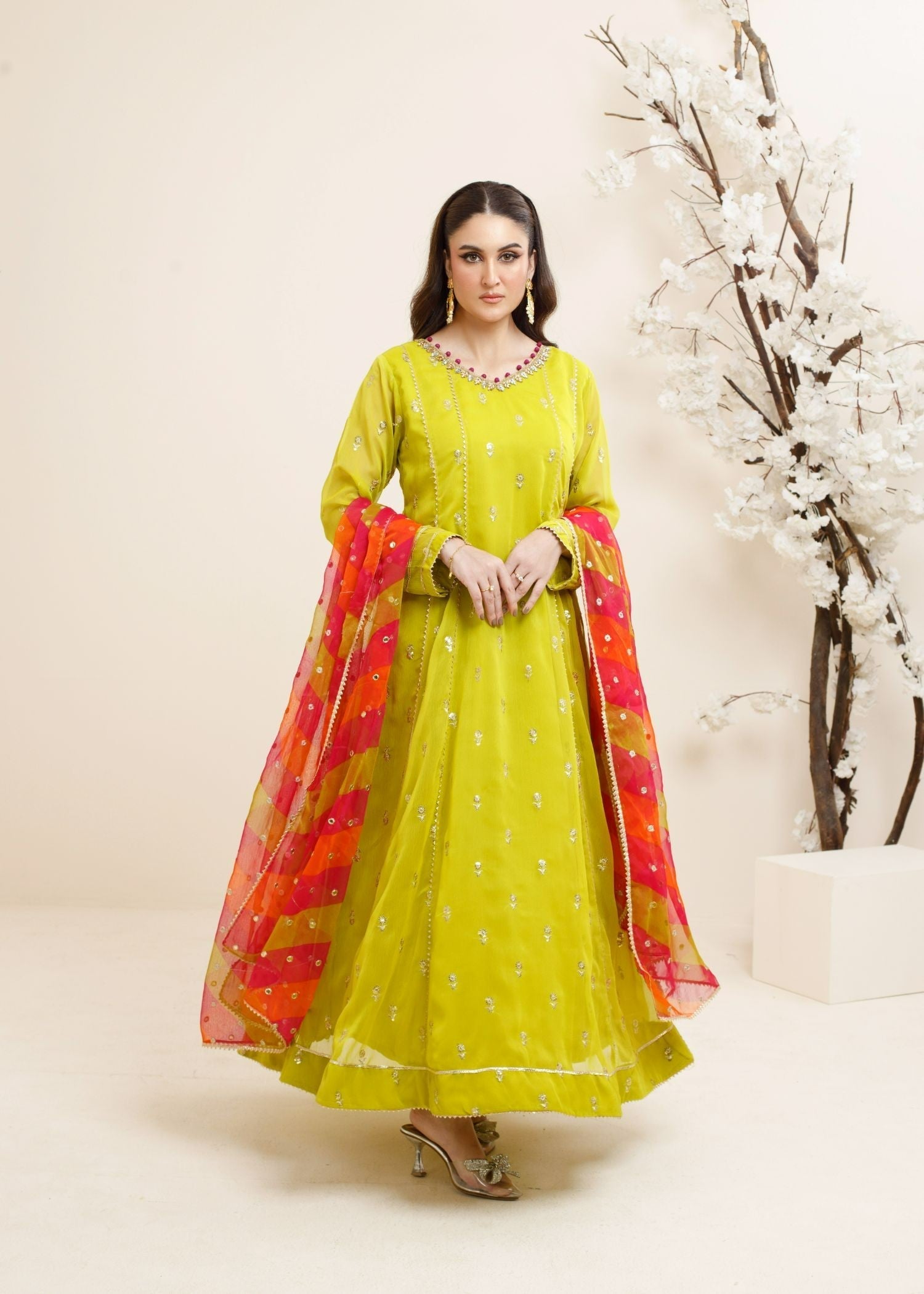 chiffon Anarkali in Apple green