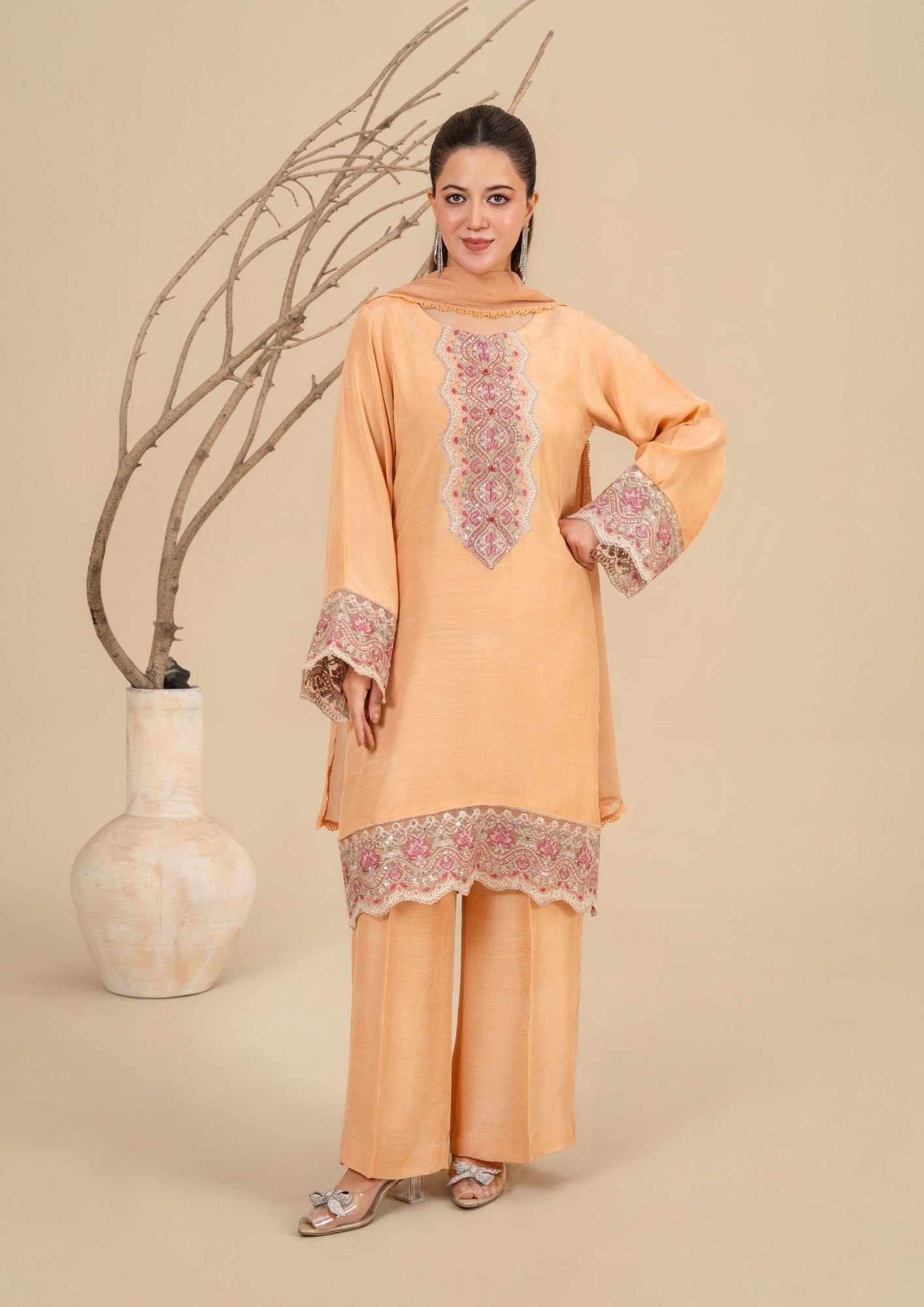 viscose raw silk Kurta Set in Peach orange