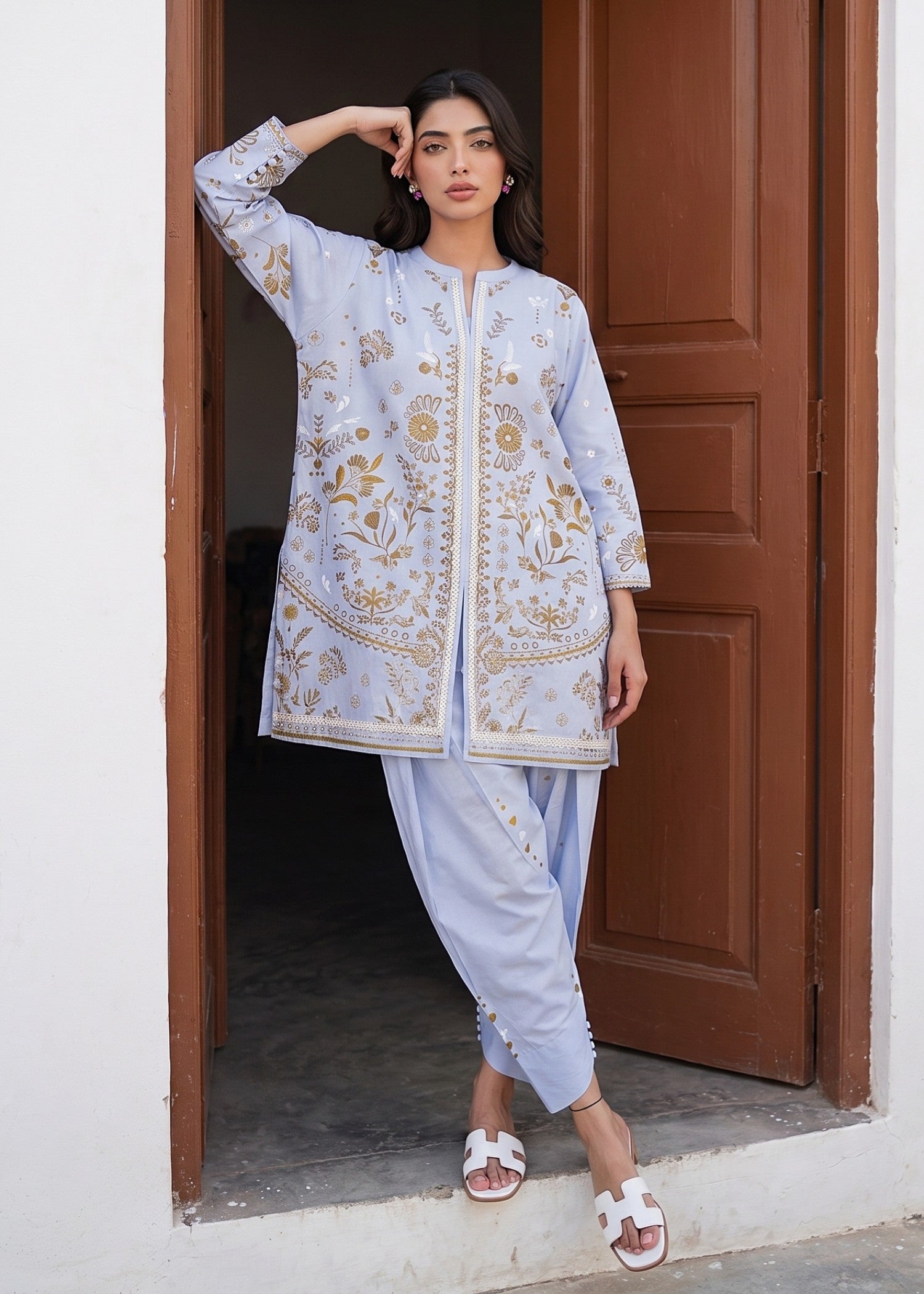 cotton Kurta Set in Cloud blue
