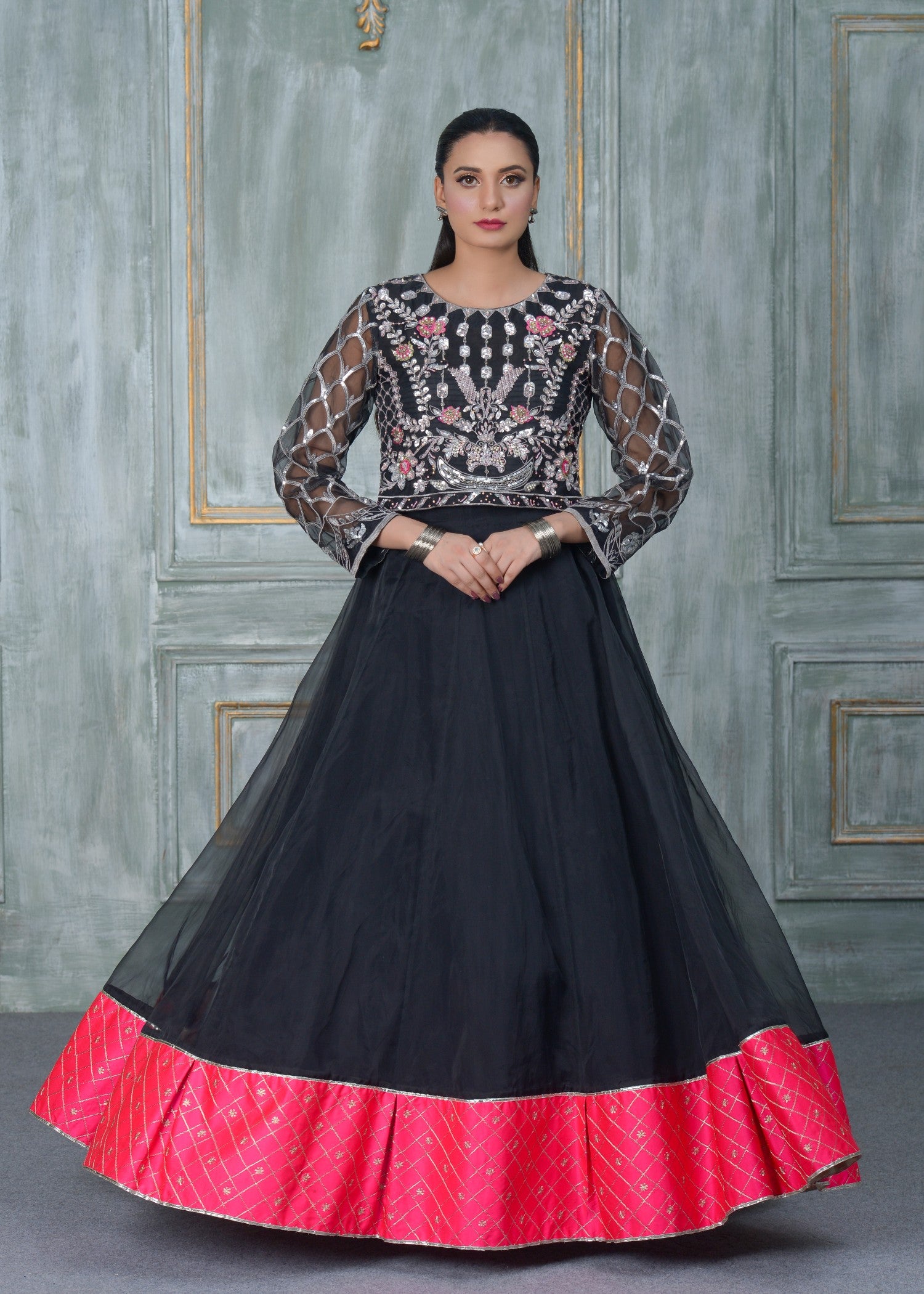 organza Lehenga in Black, hot pink red
