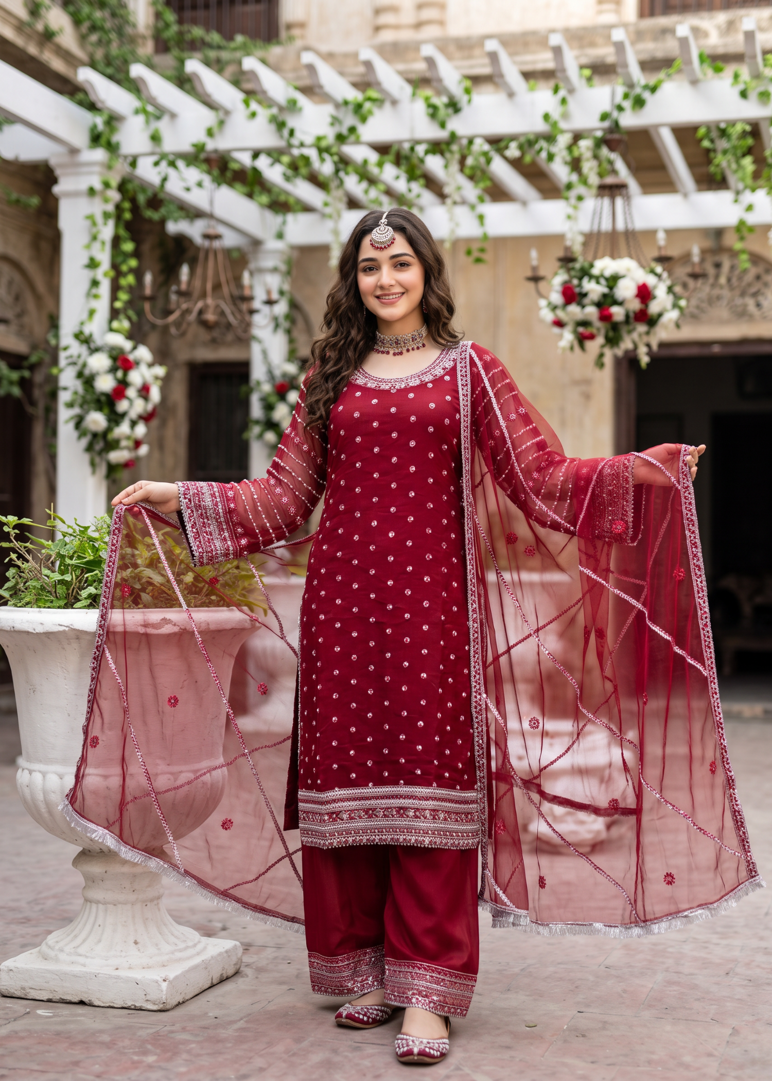 chiffon Kurta Set in Sangria