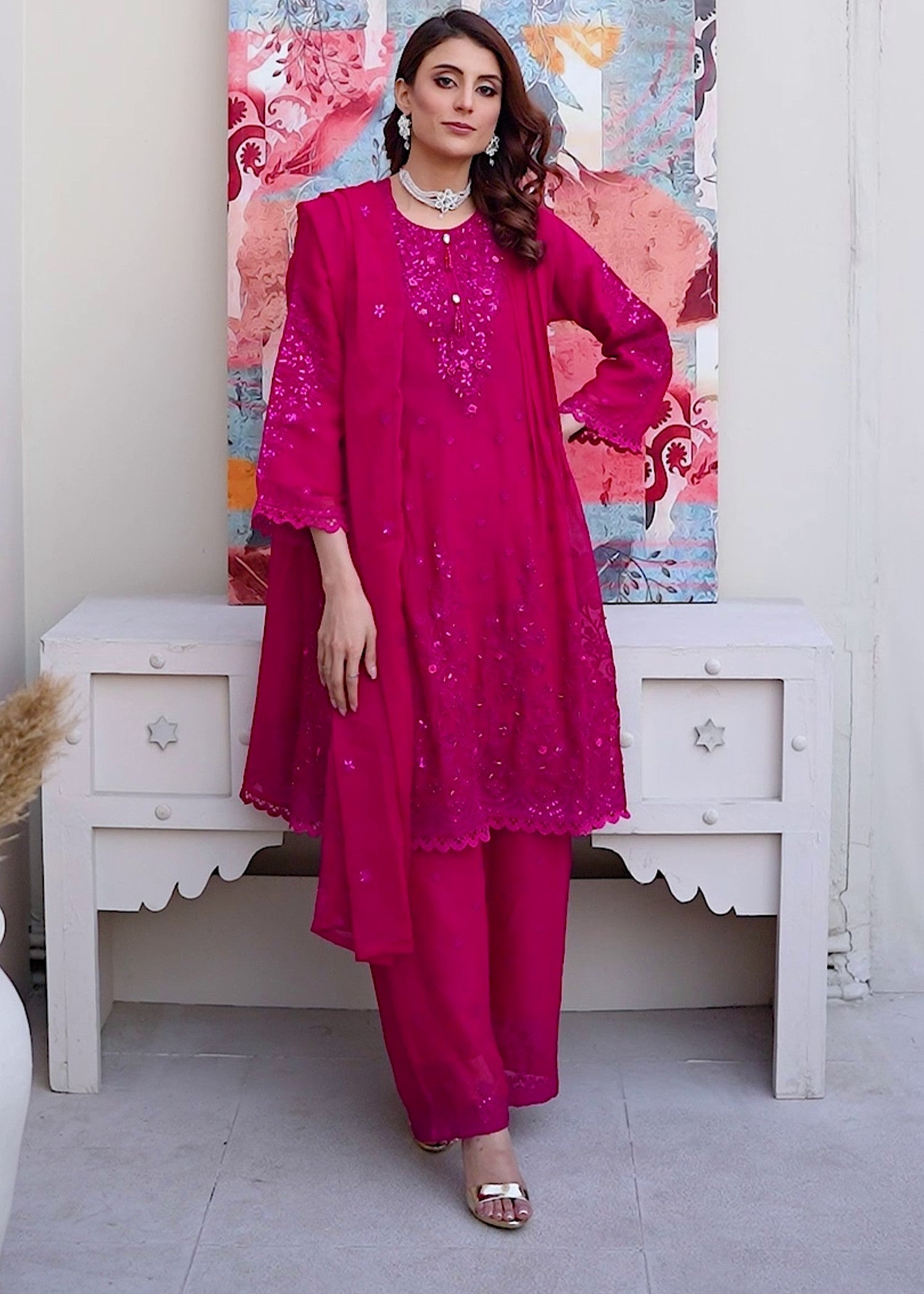 chiffon Short Frock in Hot pink