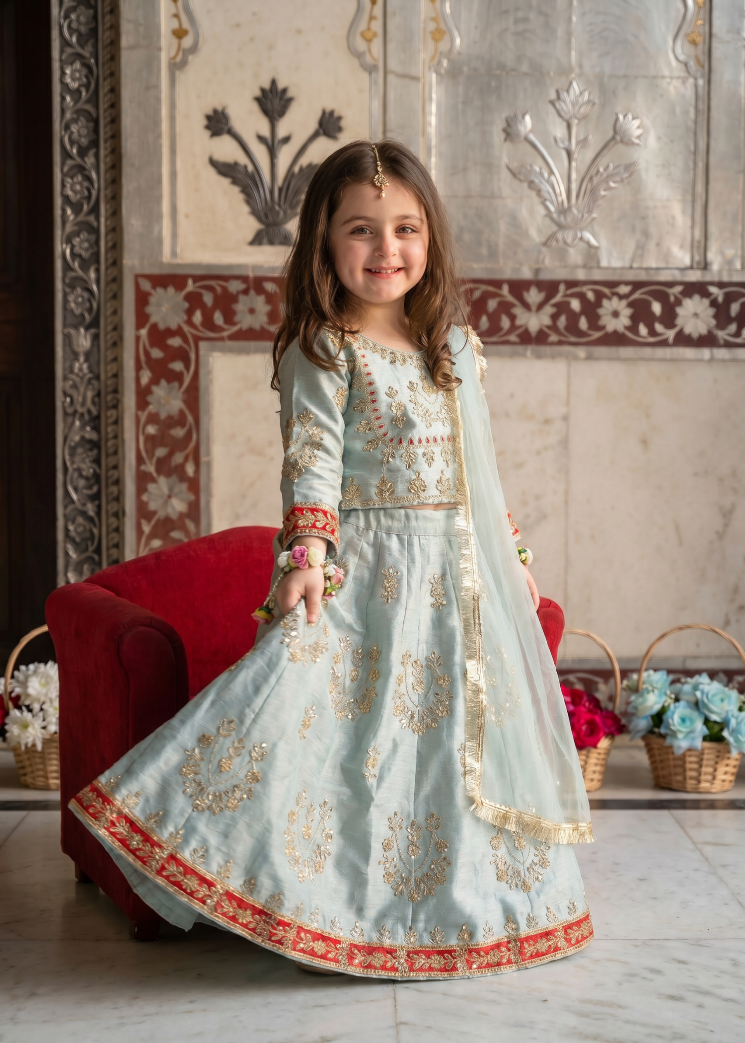 indian raw silk Lehenga in Ice blue