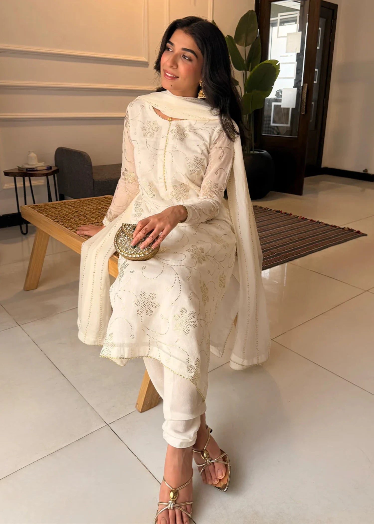chiffon Kurta Set in Off-white, gold