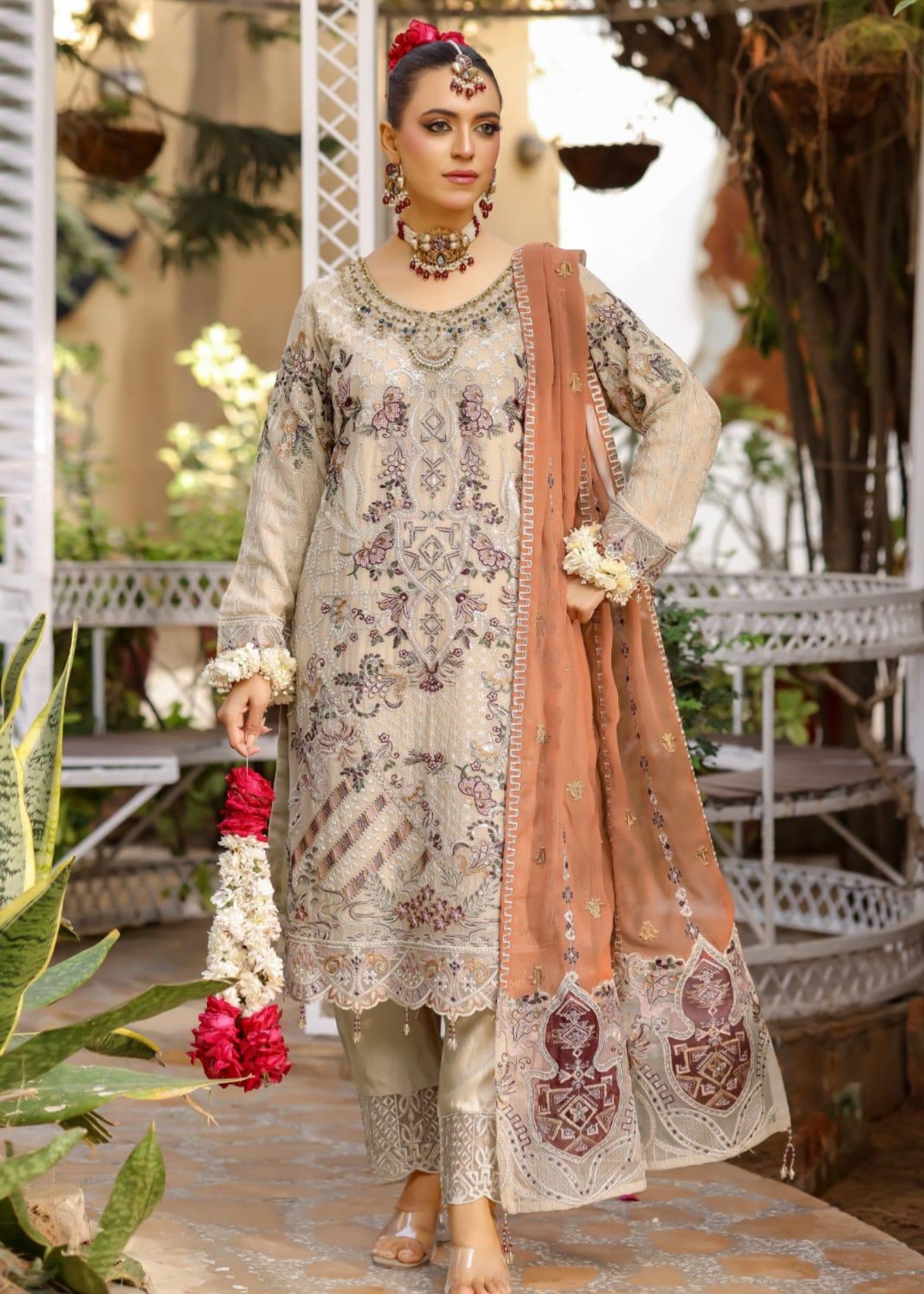 chiffon Kurta Set in Beige, champagne