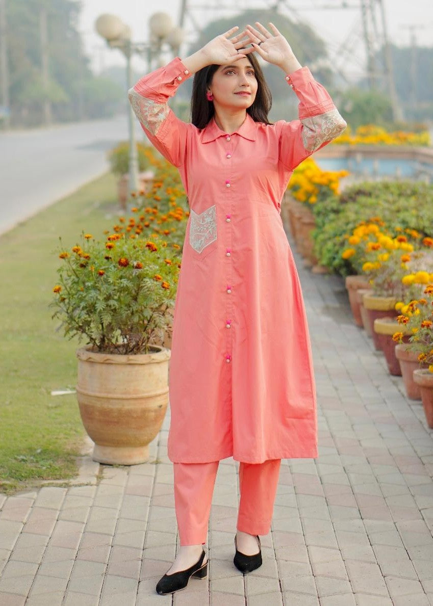 cambric Pishwas in Peach pink