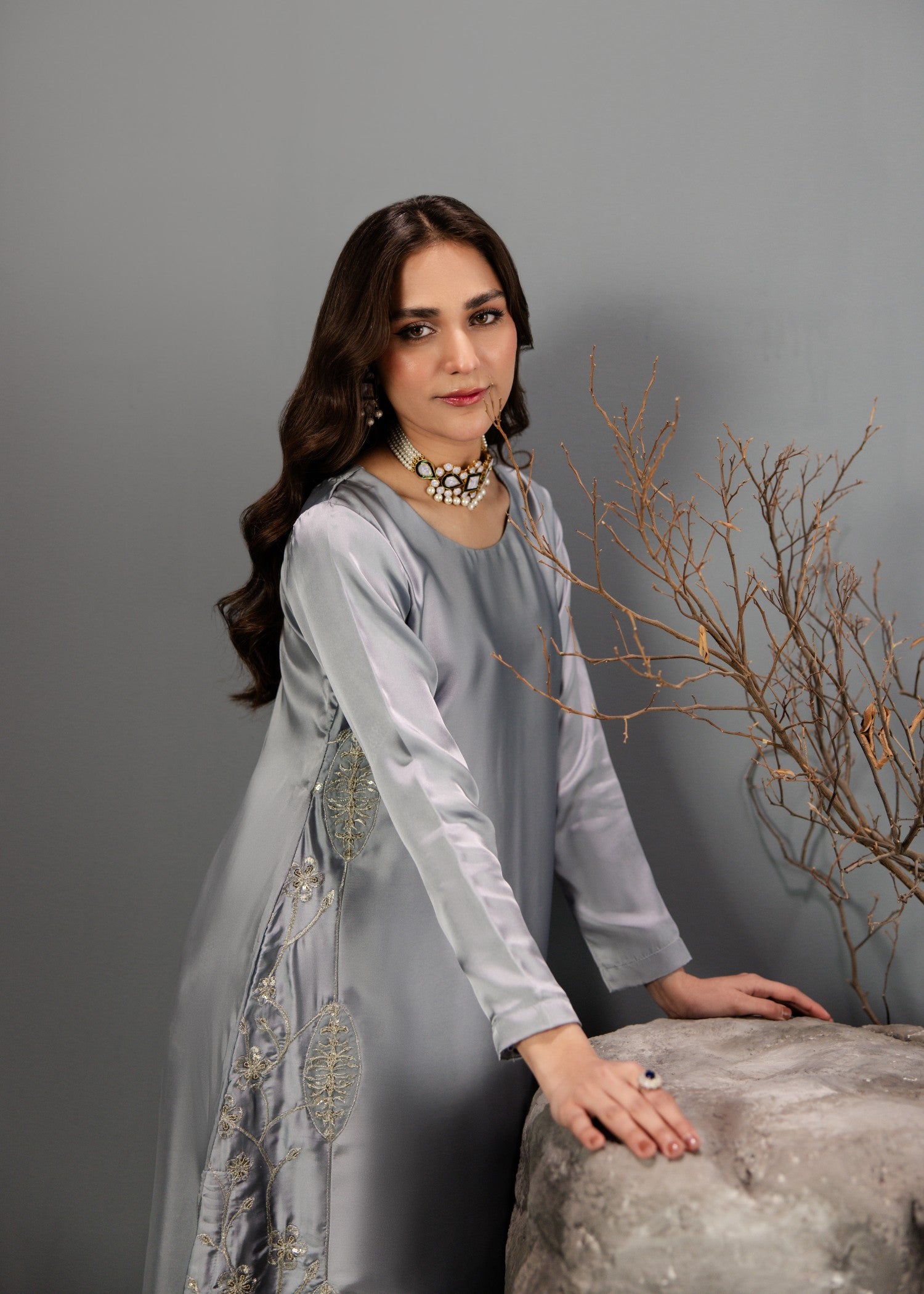 silk Kurta Set in Duck egg grey