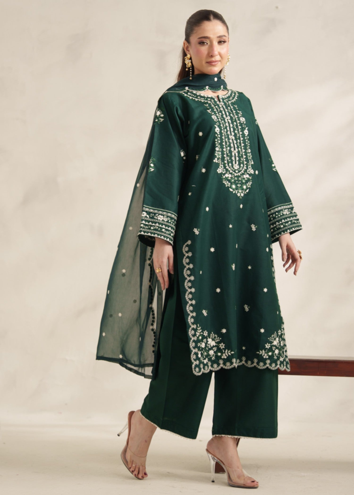 lawn Kurta Set in Bottle green
