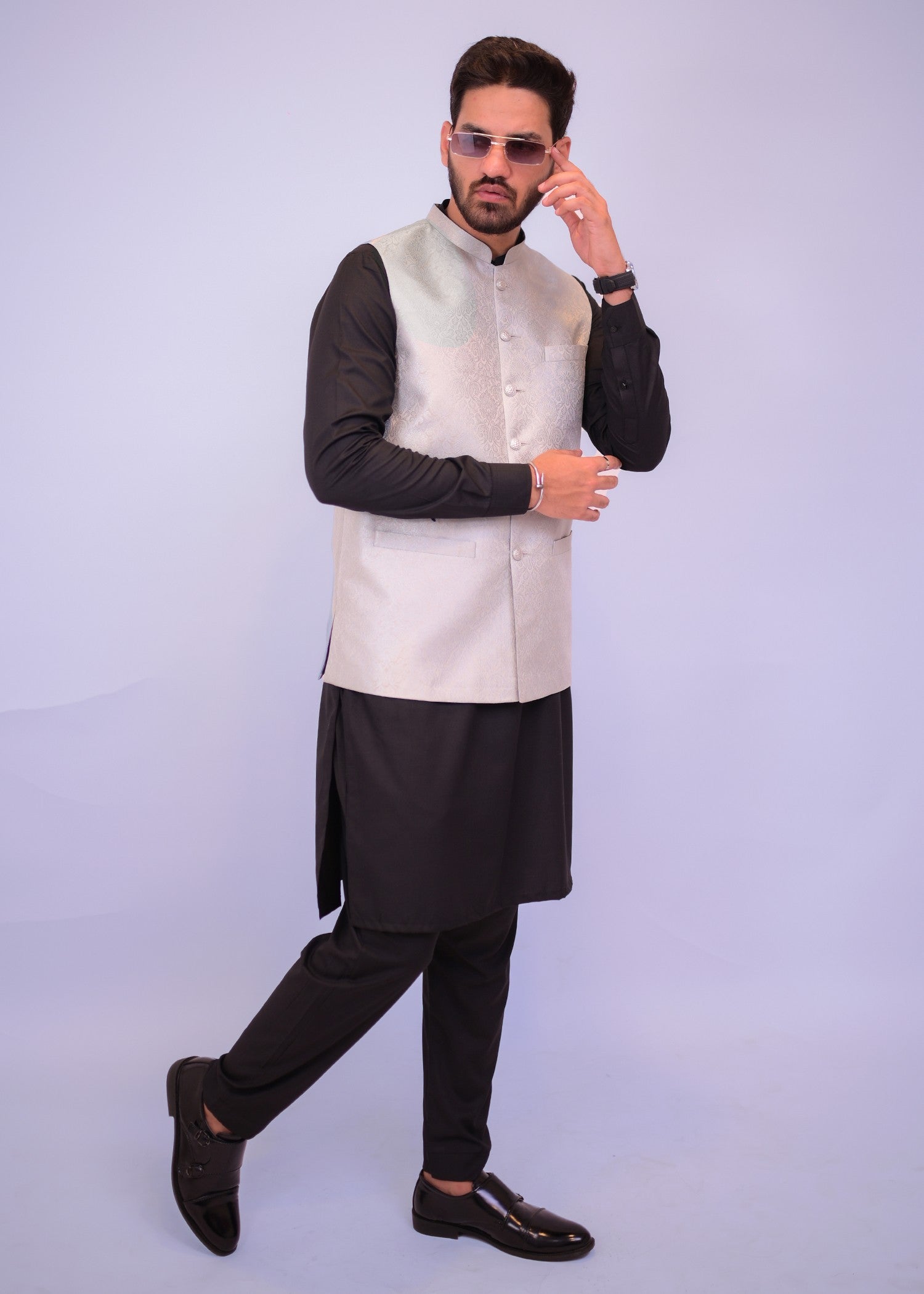 jamawar Waistcoat in Silver
